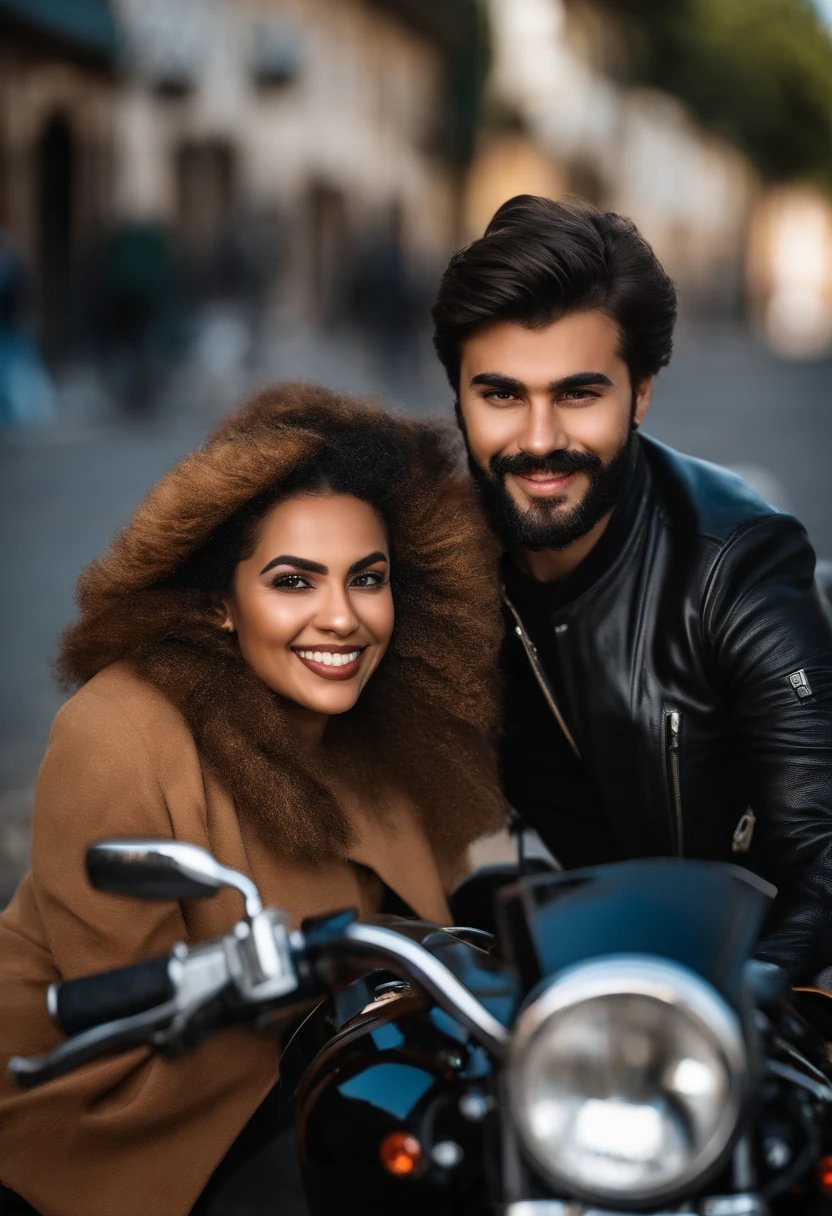 They're sitting on a motorcycle together and smiling at the camera, um retrato de Maksimilijan Vanka, Vencedor do concurso Pexels, fotorrealismo, sentado em uma motocicleta, Photo Session, pilotando uma motocicleta, Foto tirada com Nikon D 7 5 0, Foto tirada com Nikon D750, imagem de perfil, photo shoot, foto retrato, touring