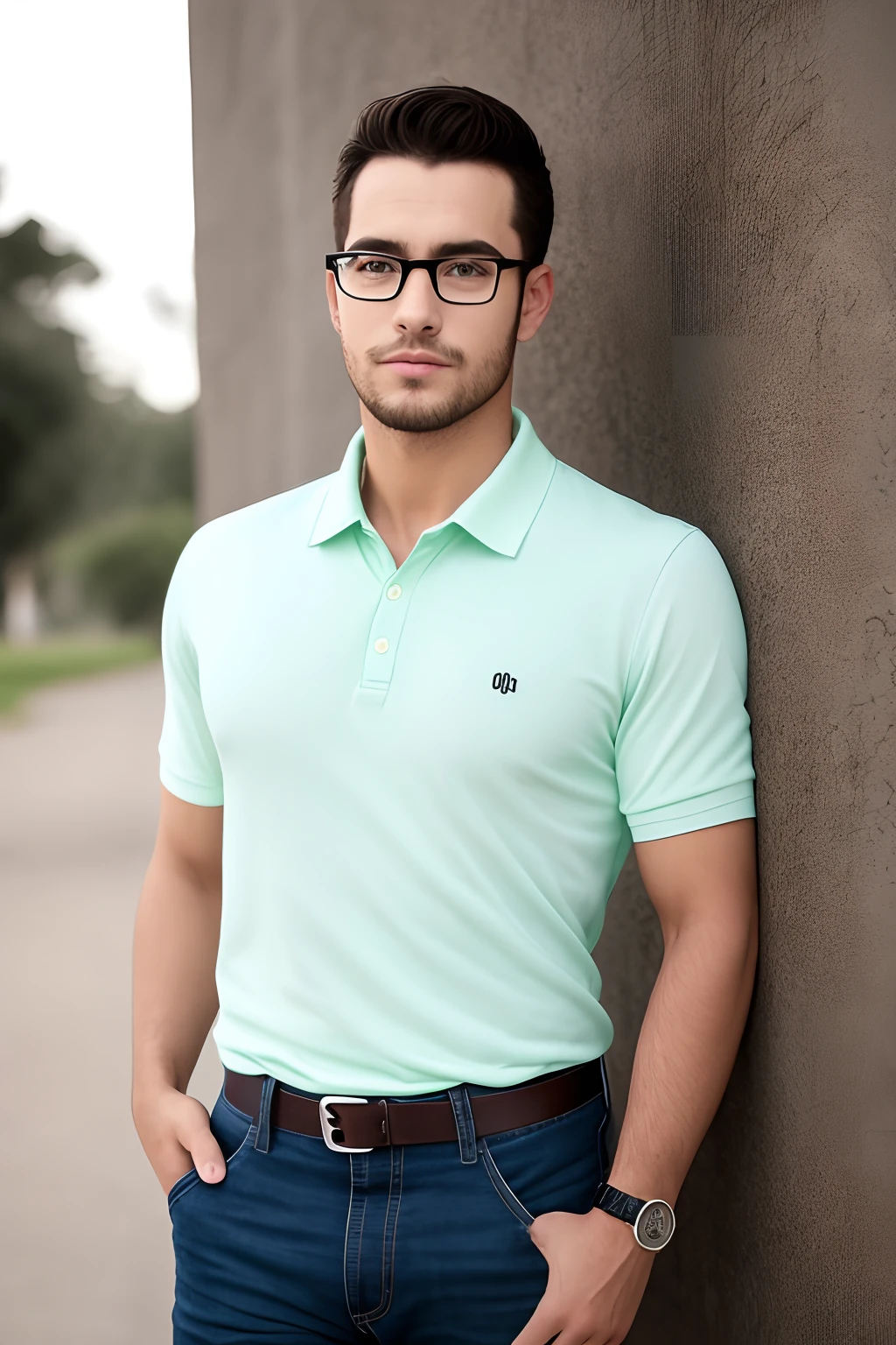 Um homem branco, olhos verdes, cabelo castanhos claros e grisalhos, com pequeno topete. wears glasses, camisa polo preta, jeans and sneakers. Rosto arredondado e com entradas no cabelo.