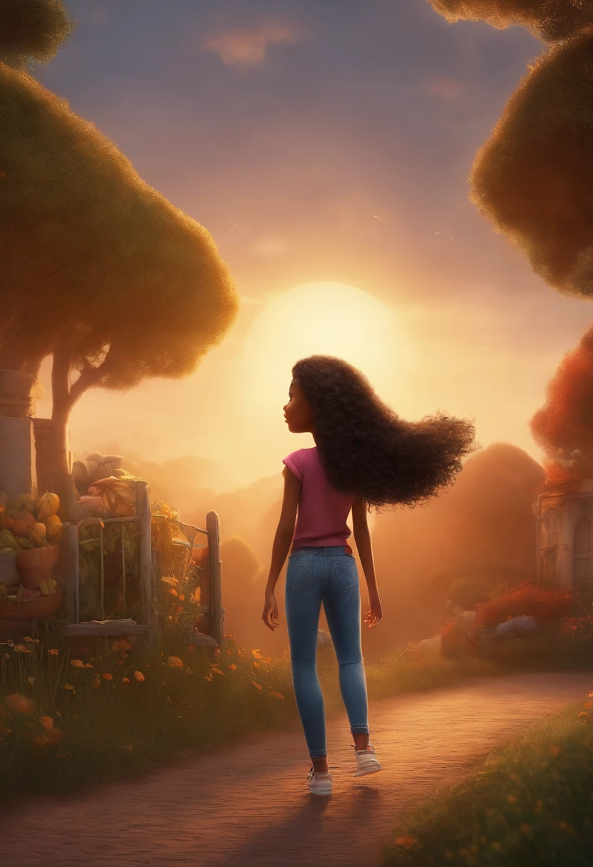 crie um banner no estilo Pixar. Uma morena parda com cabelos longos, negros, cabelos lisos, mas jovem, usando uma camiseta, Vestindo jeans e segurando uma flauta transversal.