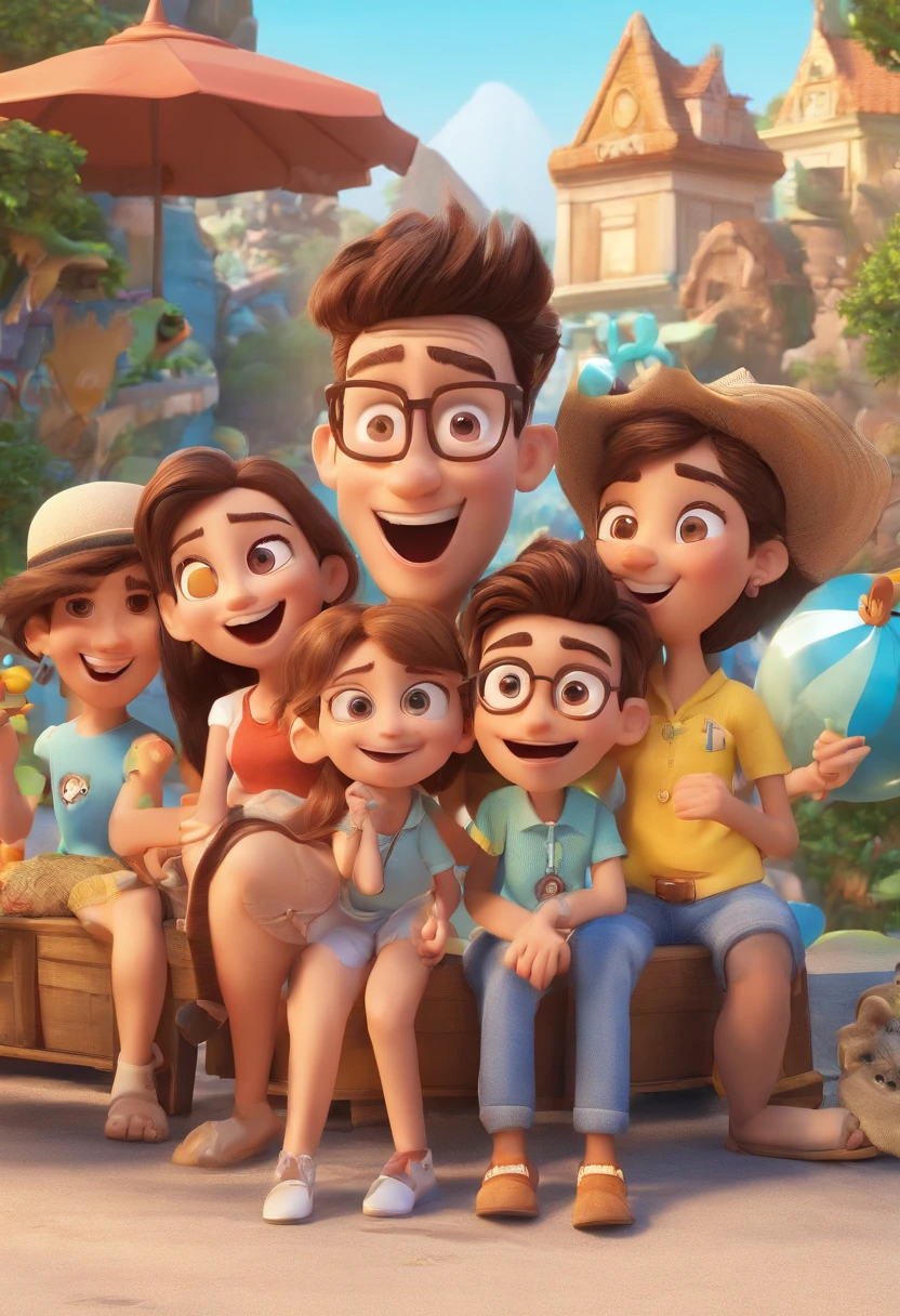 Cartoon of friends having fun on vacation together, 3D Animation Movie Poster, Poster de filme animado, pixar 3 d animation style, pixar renderman rendering, maia 8 mil, animated film, Disney Pixar Estilo 3D, amigos felizes saem juntos, all wearing light blue shirts and cream brown long pants, camisa azul clara, cream brown pants, ao ar livre, vacation, Disney Pixar Animation Poster