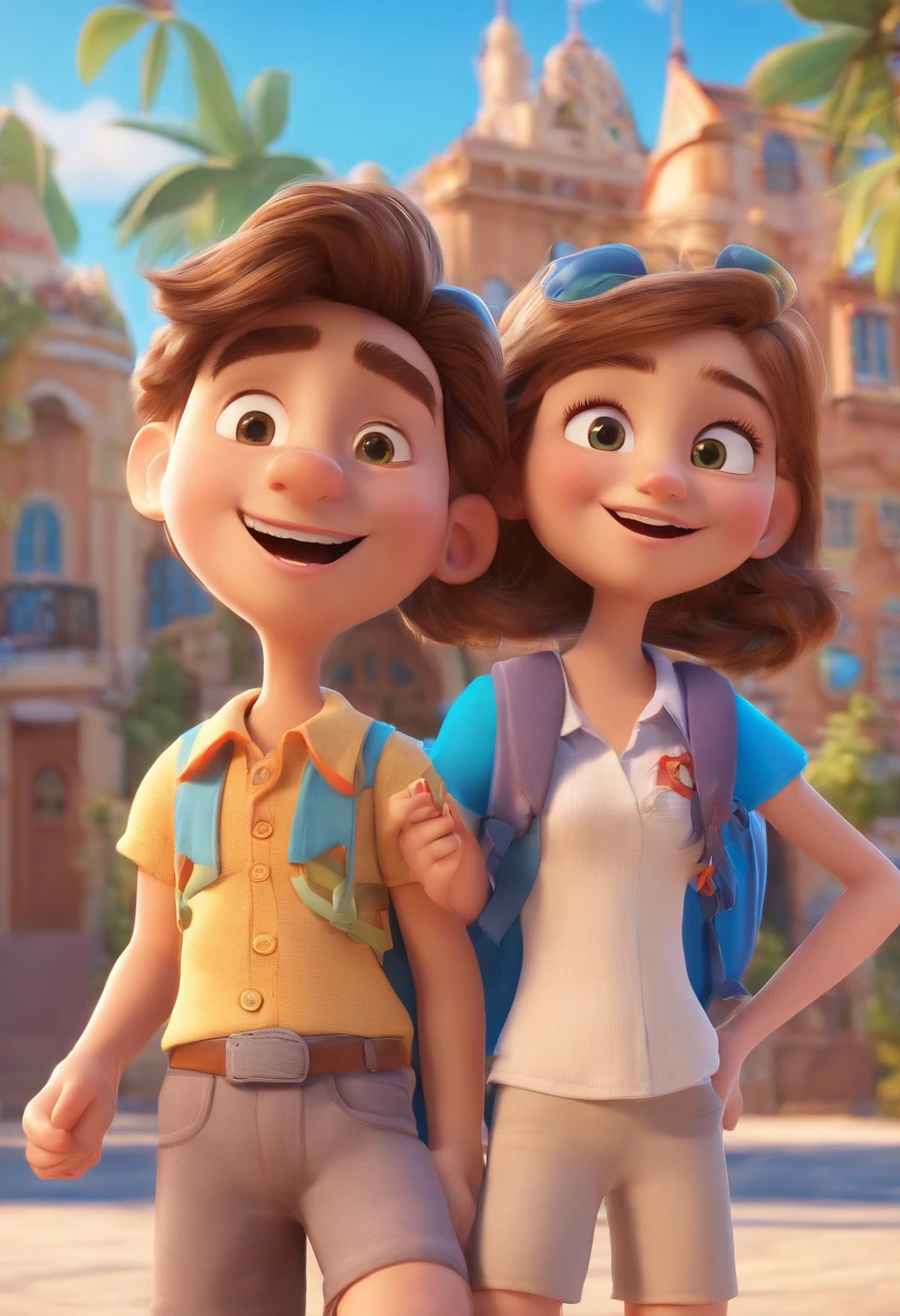 Cartoon of friends having fun on vacation together,  3D Animation Movie Poster, Poster de filme animado, pixar 3 d animation style, pixar renderman rendering, maia 8 mil, animated film, Disney Pixar Estilo 3D, amigos felizes saem juntos, all wearing light blue shirts and cream brown long pants, camisa azul clara, cream brown pants, ao ar livre, vacation, Disney Pixar Animation Poster