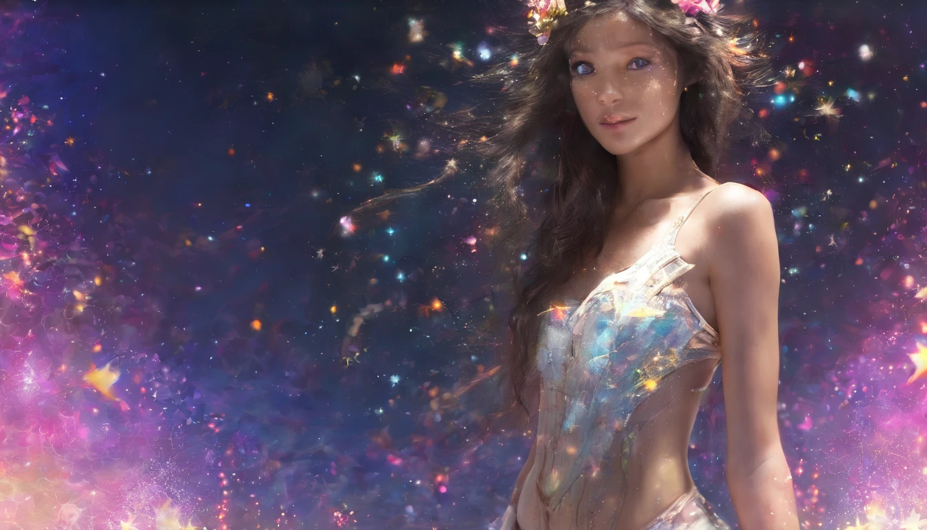 Perfect centralization, Fantastic Particles, Delight, Standing position, beleza abstrata, centro, looking at the camera, Facing the camera, nearing perfection, Dynamic, altamente detalhado, liso, foco nítido, 8k, A high resolution, illustration, arte de Carne Griffiths e Wadim Kashin, A background with distinct features, Fundo com a cor dos fragmentos, tons vívídos |, Fundo da nebulosa de tinta, 17 year old girl with sexy appearance, olhos cor de mel, cabelos morenos, longo e bonito, Fantastic short black skirt, The Shape of the Athletic Physique, extremamente detalhado,Dissipated particles
