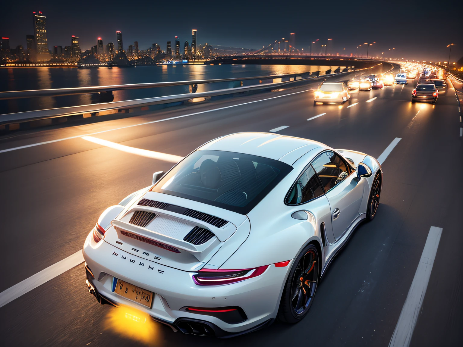 超A high resolution、An ultra-high picture quality、8K、Detailed details、marvelous expression、Big city at night、 Porsche 911 TurboS(Pearl White)Driving on the highway、Turn on the headlights、Ride beautifully through the highway at night、
