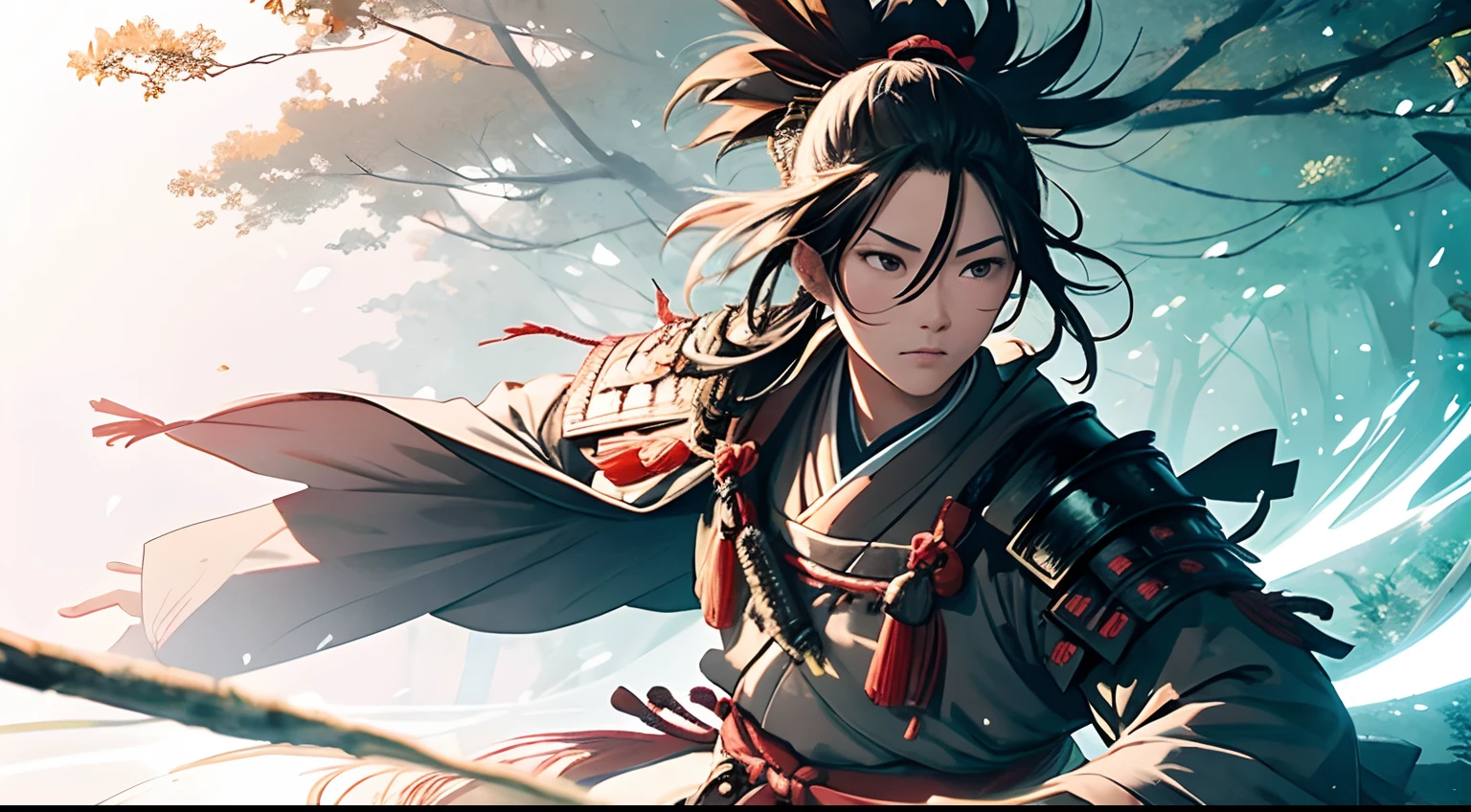 Create an illustration of a samurai in a bright forest.