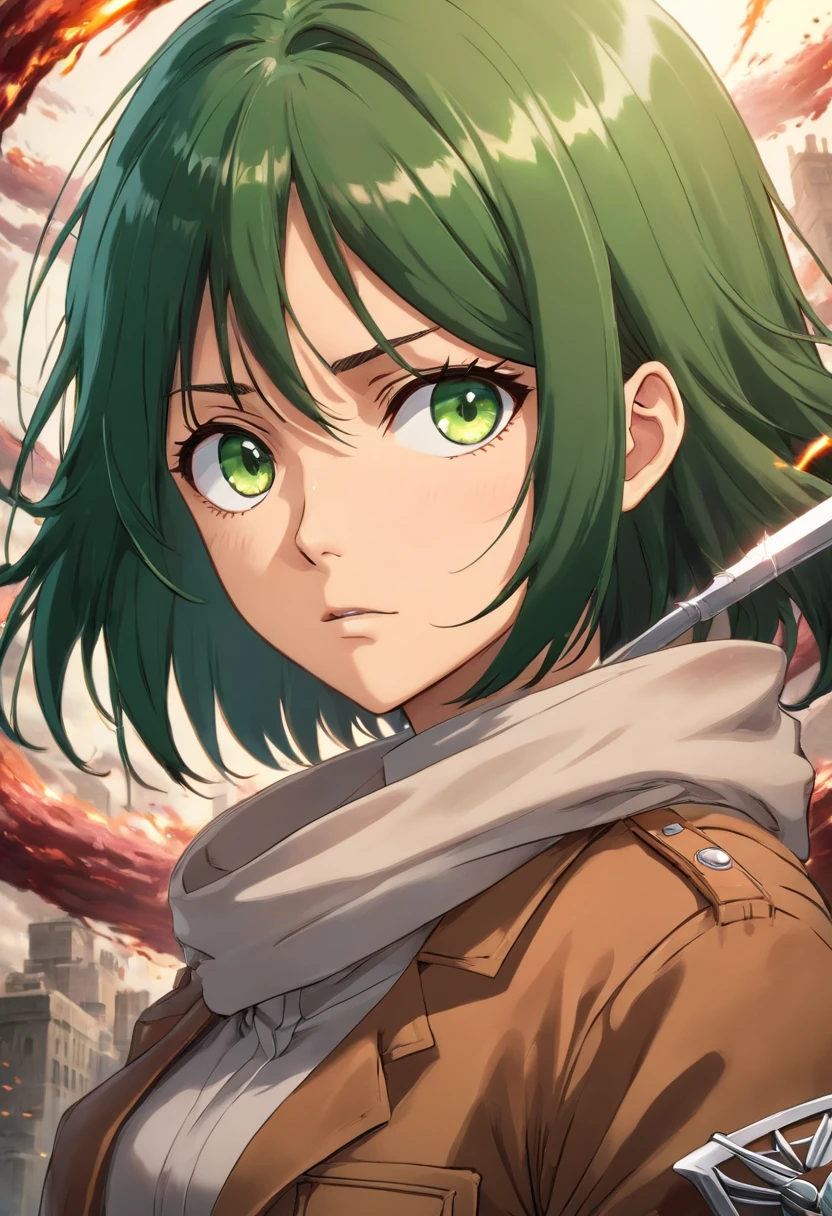 Mikasa Ackerman. Attack on Titan , loira ,olhos verdes , serious face