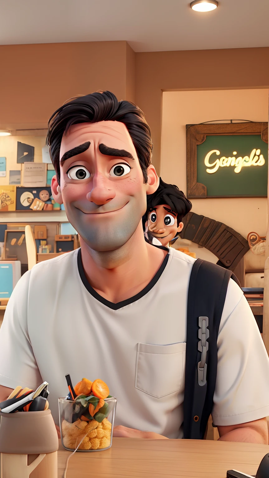 Jon Hamm, Cartoons in orange shirt and black pants, arms crossed, olhando para frente e sorrindo com os dentes aparecendo;
