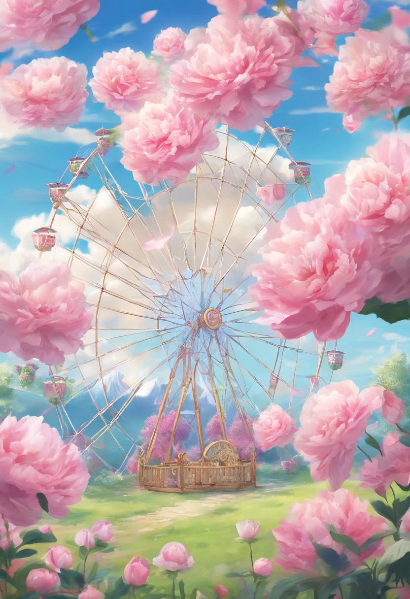 Clear blue sky and white clouds,A field of peony flowers under the Ferris wheel