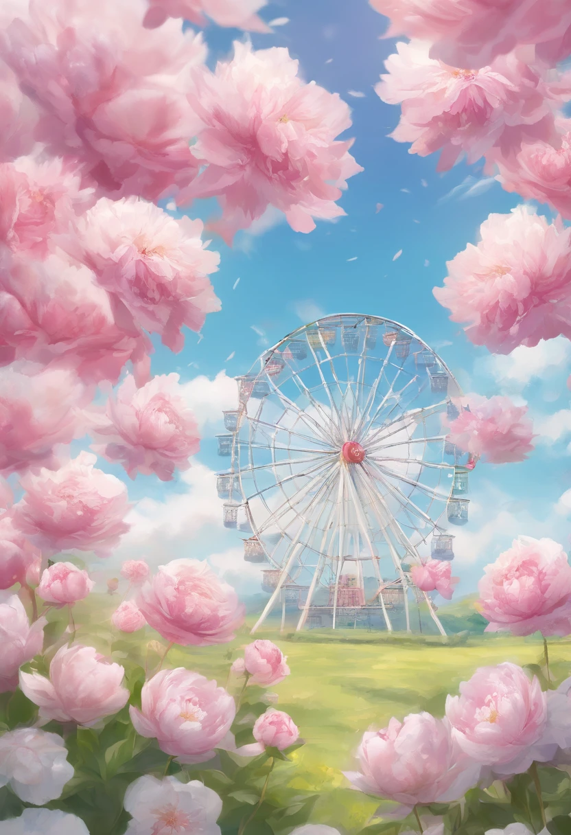Clear blue sky and white clouds,A field of peony flowers under the Ferris wheel