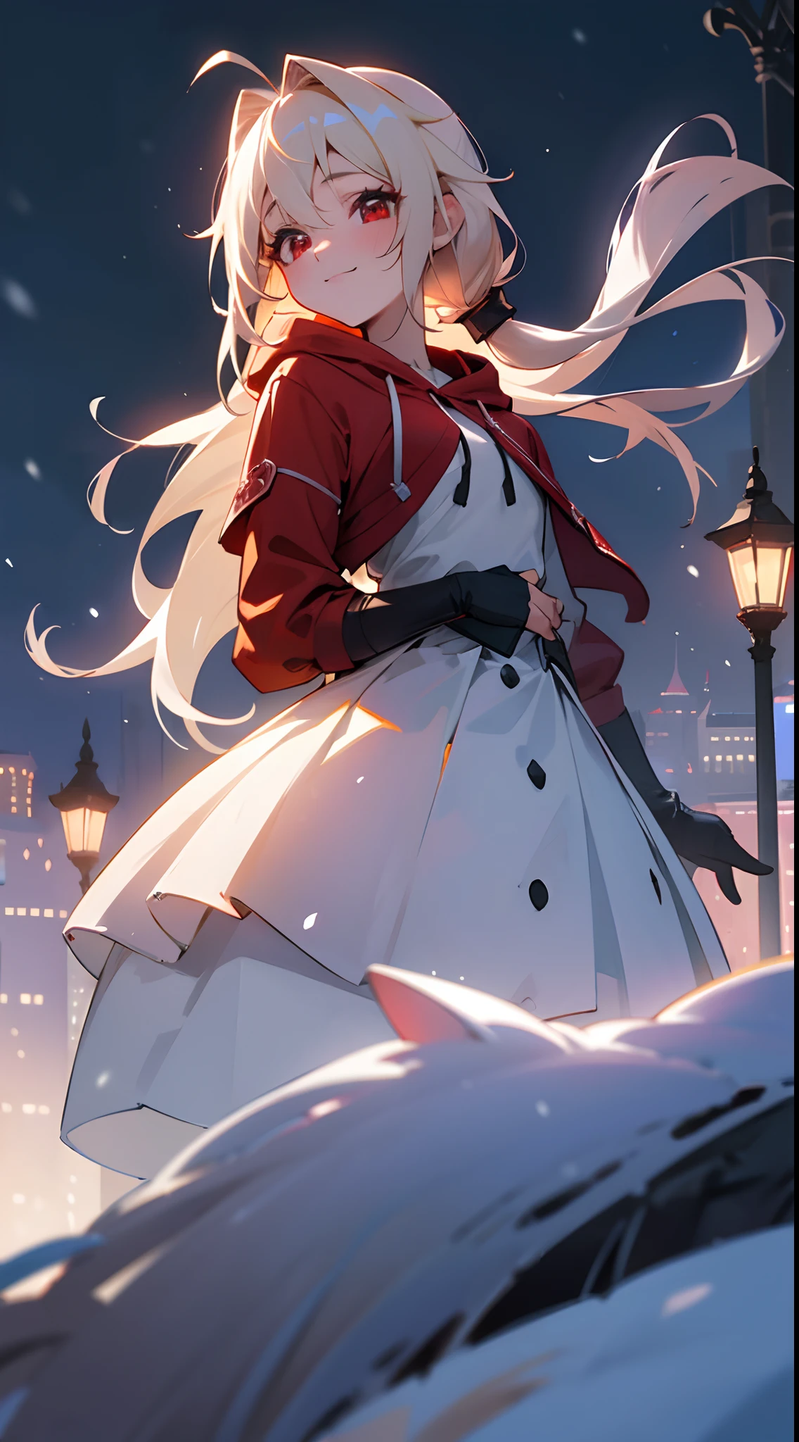 1girl in,a blond、Pony tail、Ahoge、Red Eyes、small tits,A smile、Laugh、Wearing a red hoodie,city,winter snow,Night,absurderes,hight resolution, ultrasharp, 8K, masutepiece, Looking at Viewer, Fantasy, Magical, Snow-covered rooftop, Frozen breath rises, Glowing streetlights, Ethereal Atmosphere, Dreams, quiet street, Distant city skyline, Fluffy and snowy, Intricate details of the girl's face and outfit, Delicate snowflakes on her eyelashes, mysterious expression, seductive beauty, a captivating gaze, Snowy trees々, Blurry lights in the background, Bright red contrasting with snow-white snow, captivating scene, Evoke a sense of wonder and magic.