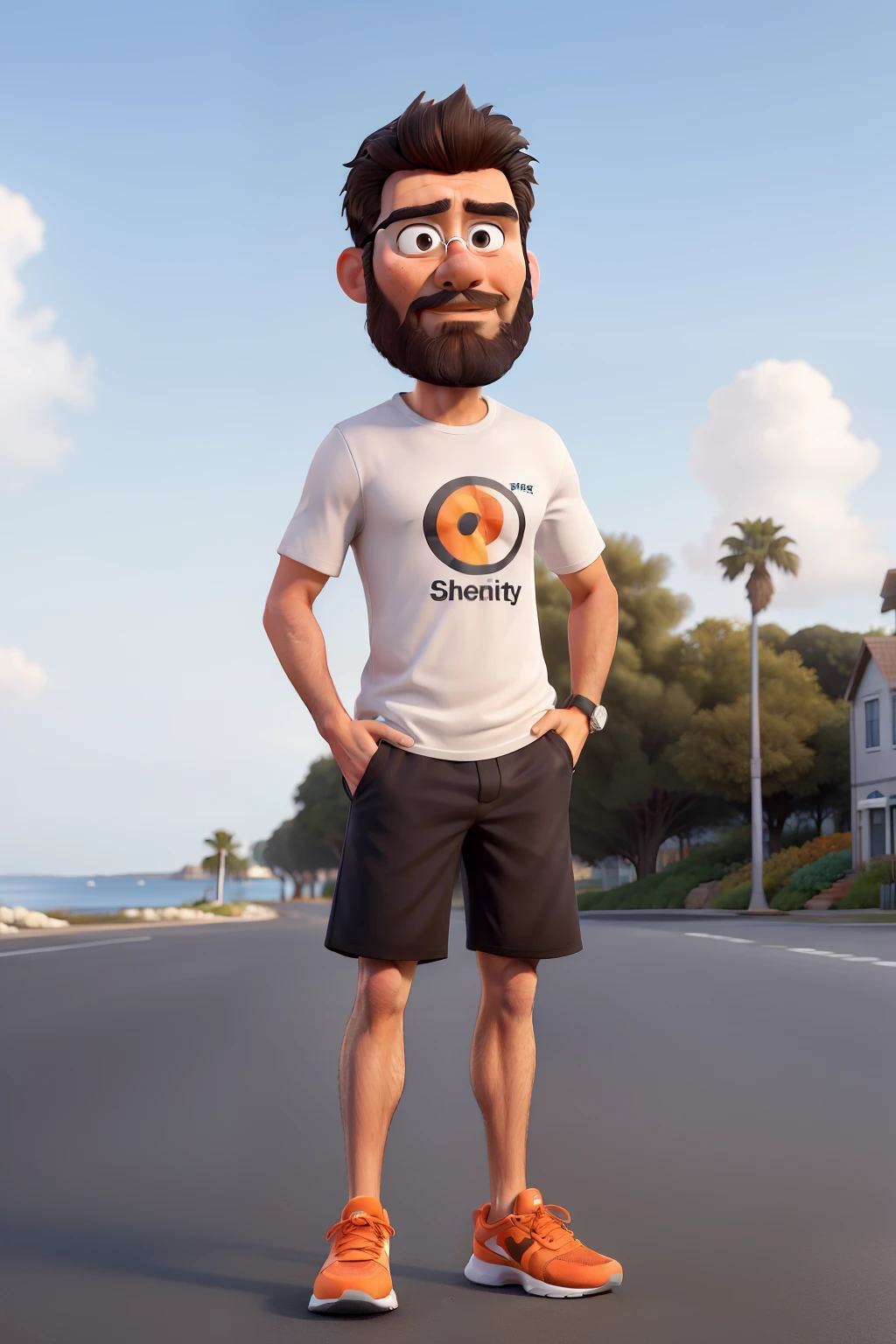masterpiece, best quality, an male runner with dark beard, wearing a white sport shirt and sports dark shorts, standing at the street by the sea. Orange running shoes. No glasses