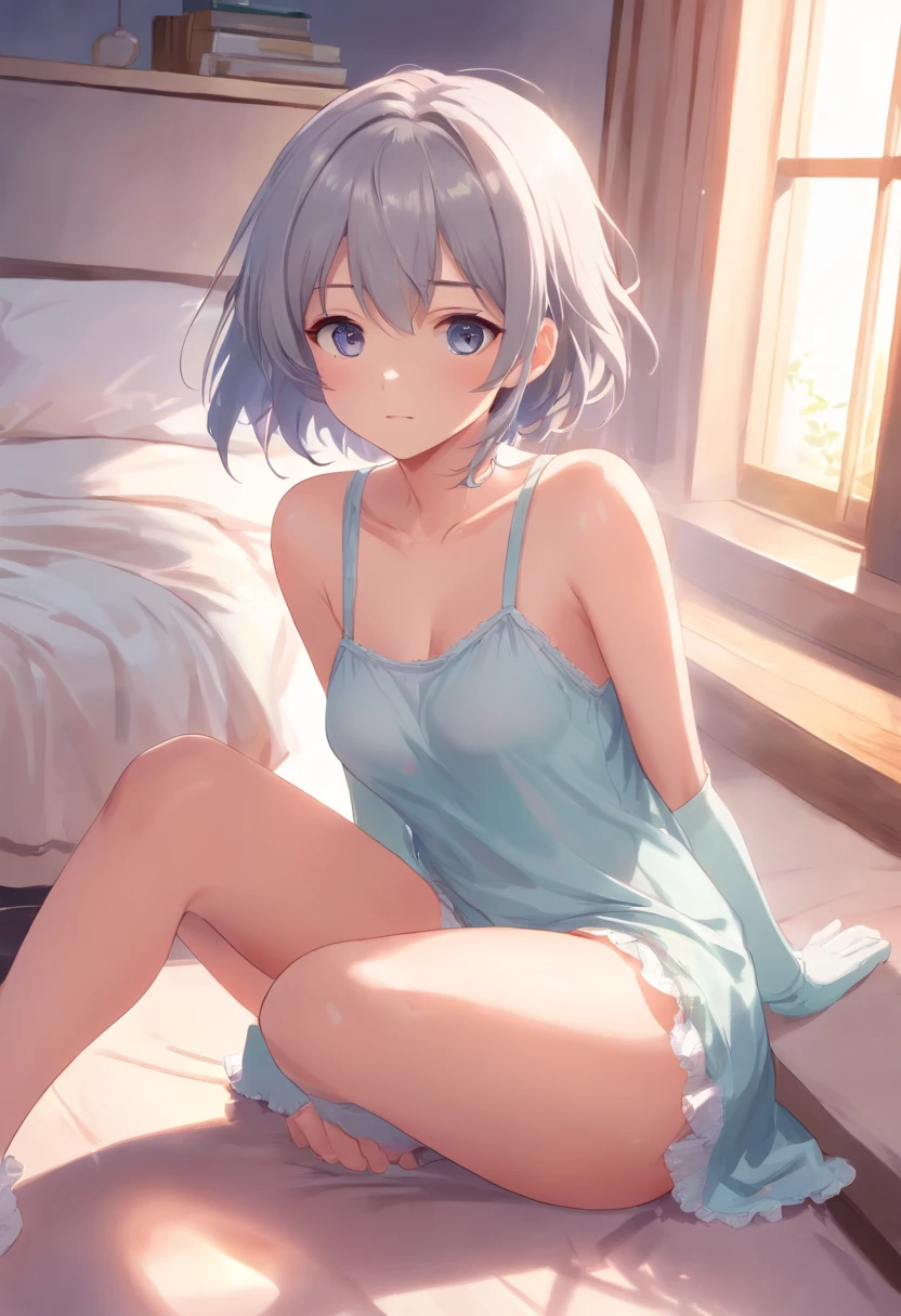 a cute loli，Long grey hair，Leaky shoulders，Barefoot，Look up at your head，Lie on the ground，raise her legs，shift dresses，white  panties，largeeyes，Cute faces in anime，Lori，long white socks，masturbation,Sleeveless,Sheer costume,Nobura,(Covered :0.9), Shaded face, Looking at Viewer, Breast curtain, breast curtains, (Small breasts:1.2), From Side