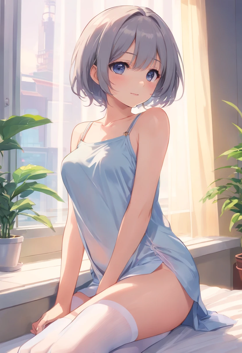 a cute li，Long grey hair，Leaky shoulders，Barefoot，Look up at your head，Lie on the ground，raise her legs，shift dresses，white  panties，largeeyes，Cute faces in anime，Lori，long white socks，masturbation,Sleeveless,Sheer costume,Nobura,(Covered :0.9), Shaded face, Looking at Viewer, Breast curtain, breast curtains, (Small breasts:1.2), From Side