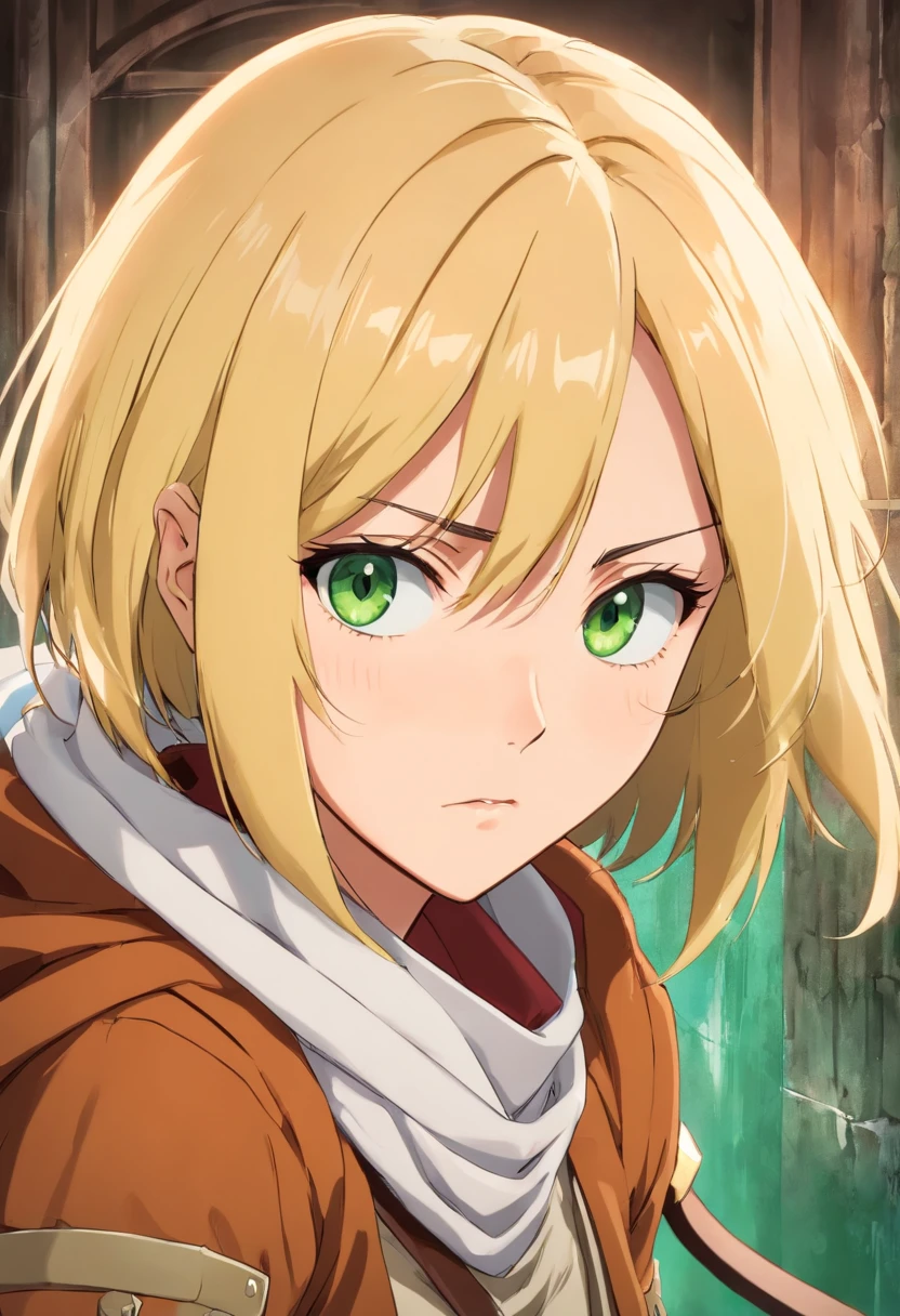 Mikasa Ackerman. Attack on Titan , blond ,olhos verdes , serious face