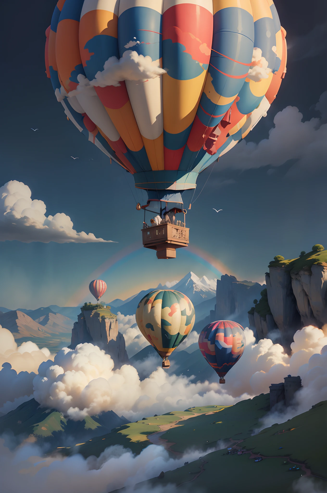 Detail elements:Colorful hot air balloons、Fluttering clouds、mountains in the distant、Soaring birds、Sun-drenched meadows、Splendid rainbow