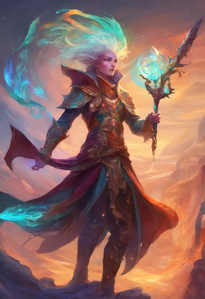 fantasy character, warlock, wielding unique weapons, colorful, full body