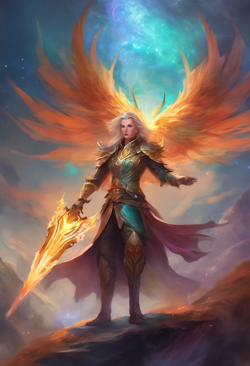 fantasy character, warlock, wielding unique weapons, colorful, full body