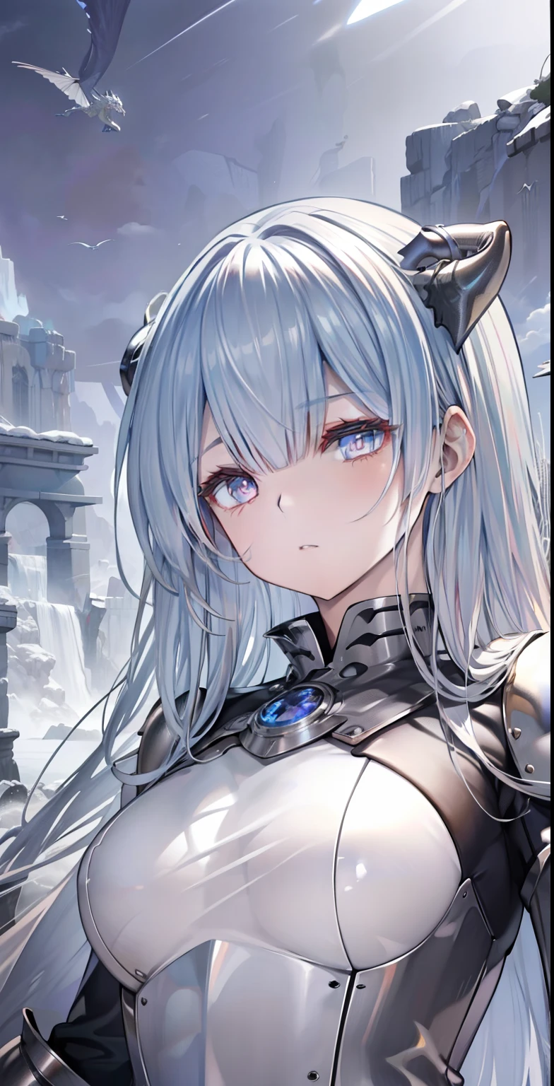 master piece,best quality,dragon girl,(silver armor),blue eyes,silver hair,expressionless,medium crests,Silver Wing,dragon wings,eleven,silver horns,tornado,moutains rock,(silver), battle armor, alone