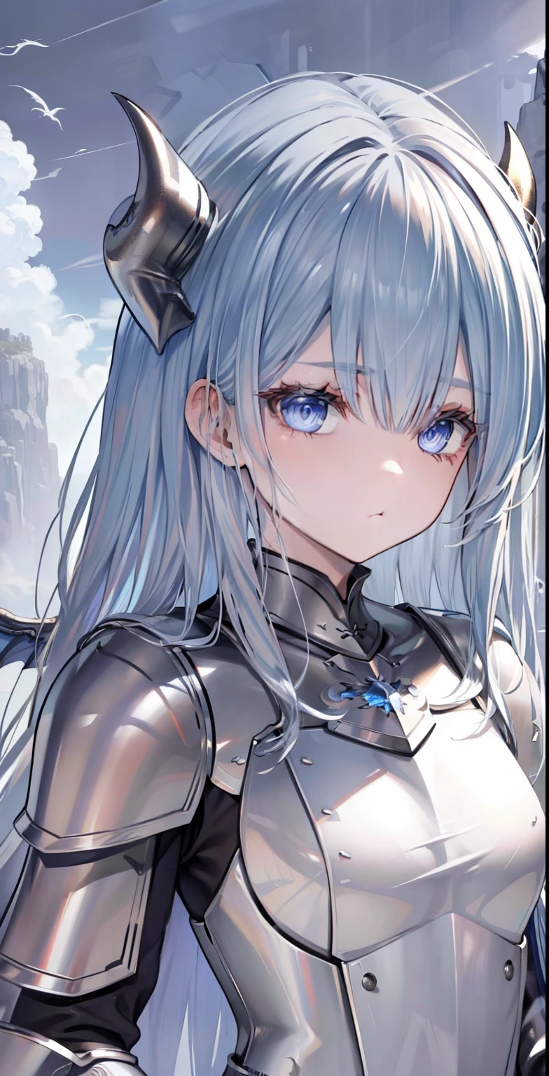master piece,best quality,dragon girl,(silver armor),blue eyes,silver hair,expressionless,medium crests,Silver Wing,dragon wings,eleven,silver horns,tornado,moutains rock,(silver), battle armor, alone