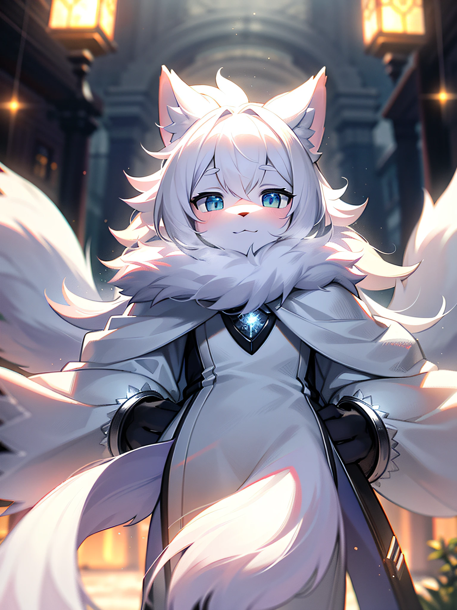 furry, white fur, ultra cute face, white elements on fur, beautiful lights and shadows, ambient light, ultra detailed fur, volumetric light