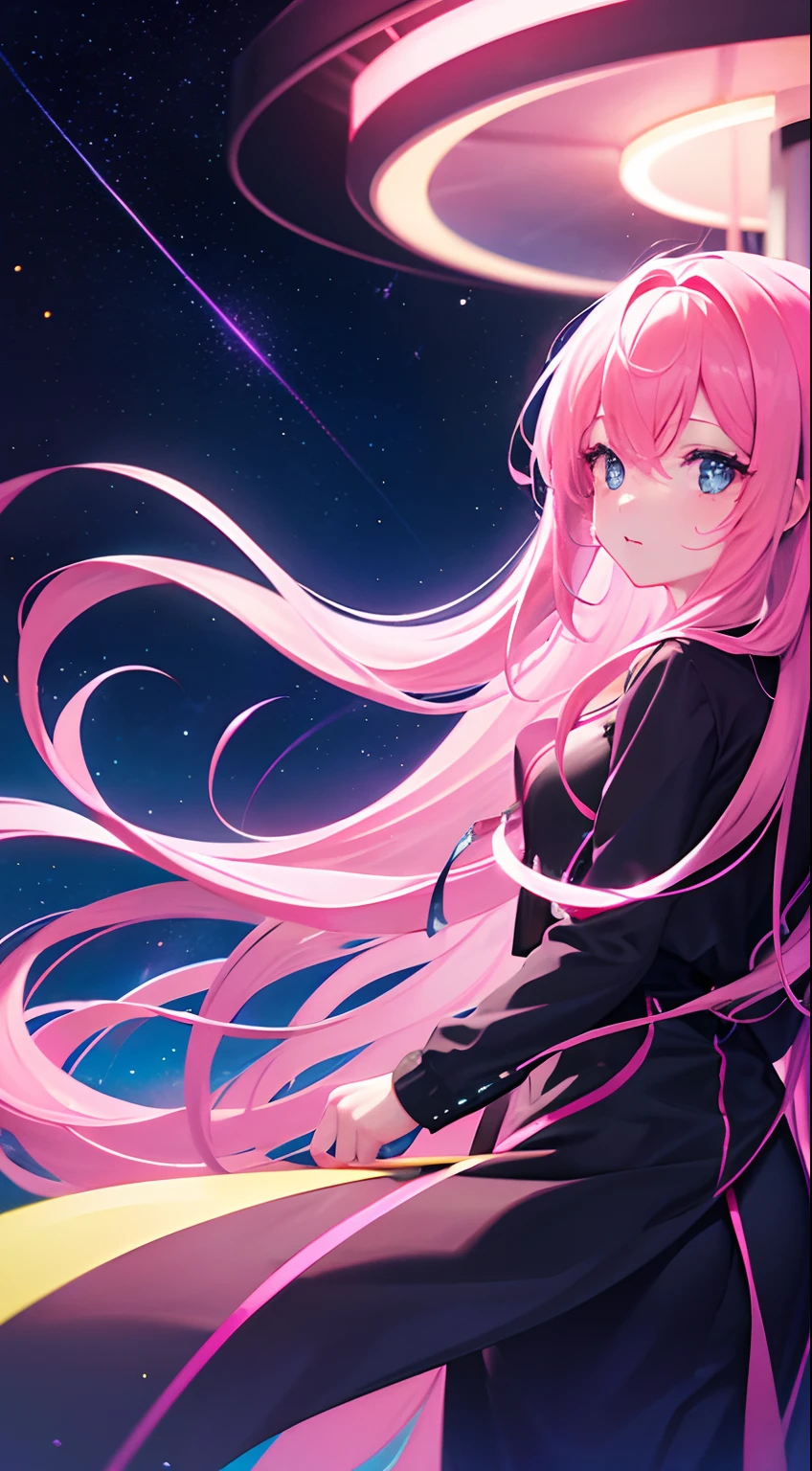 Woman with long pink hair, night time, Neon, flying saucer, kidnapping, galaxy background, neon lights, Black clothes with LED, 4k