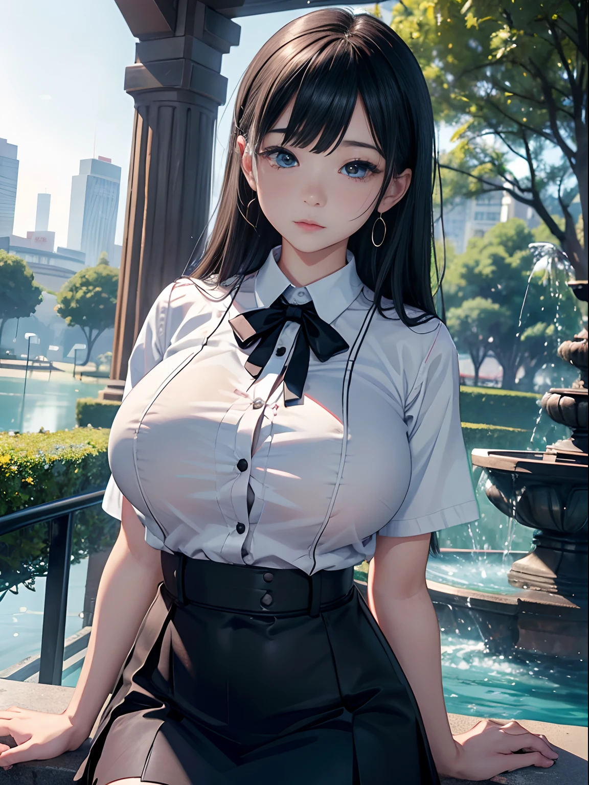 A girl、(masterpiece:1.4)、(in 8K、realisitic、Raw photo、top-quality:1.4)、(Real Face:1.4)、(real looking skin:1.3)、超A high resolution、A hyper-realistic、Eyes in Beautiful Details、Black shorthair、White collared shirt、Black underwear、skirts that are too short、(huge-breasted:1.5)、gargantilha、Blushing、alluring face、The fountain、square