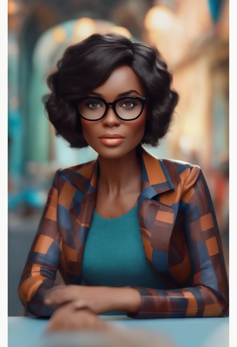 Pixar style image with 3D character glasses black brunette woman short straight hair
