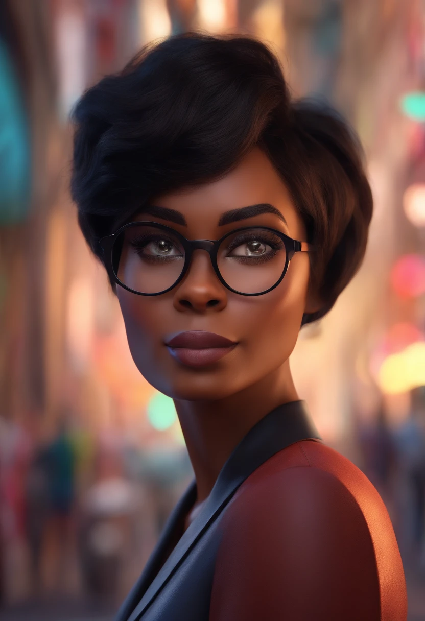 Pixar style image with 3D character glasses black brunette woman short straight hair