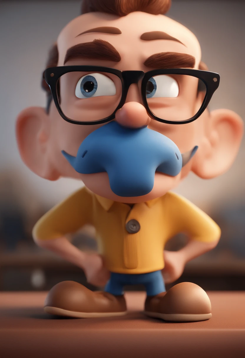 Cartoon character of a man wearing black glasses and a blue shirt, an animated character, Stylized character, animation style rendering, 3D stylized, Arnold Maya render, 3d stylized rendering, toon rendering keyshot, 3D Character, 3D Character , stylized 3d rendering, 3D Character Rendering, cartoon character, Closeup Character, Character Pose, (Pixar Style) (Masterpiece:1.2) (Bokeh) (Best Quality) (Detailed Skin) (Detailed Texture) ( 8k) (clay) (Cinematic lighting) (sharp focus,Sits and leaks the upper body