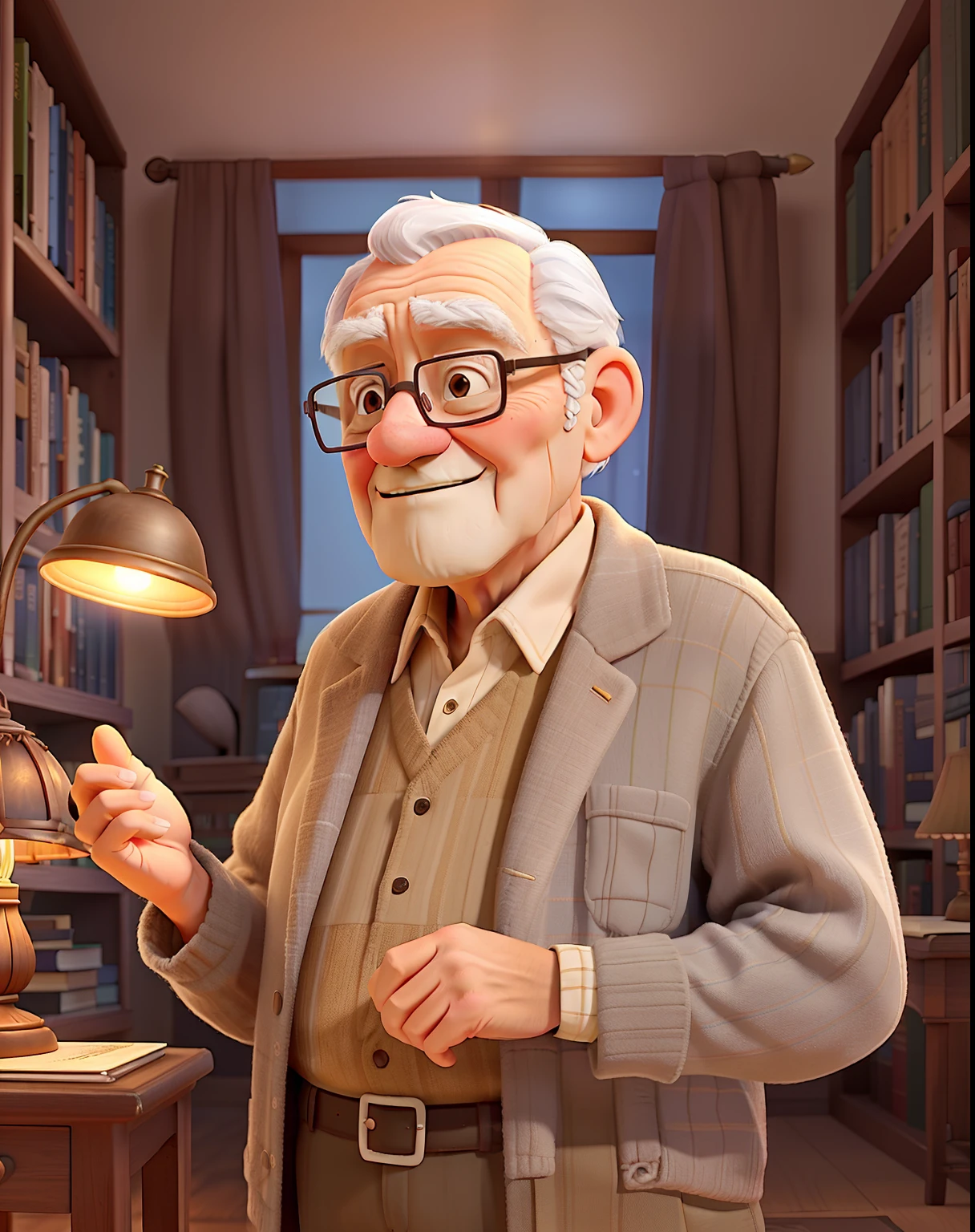 A wise old man standing in front, illuminated by the light of a lamp, against the backdrop of a library