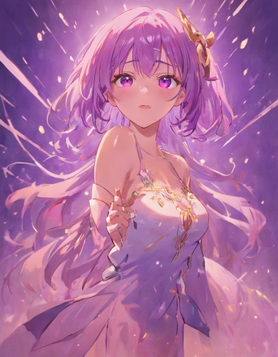Purple medium hair、Golden eyes、Crying in the left eye、de pele branca、Tall、slim figure、Glamorous breasts、blazers（student clothes）