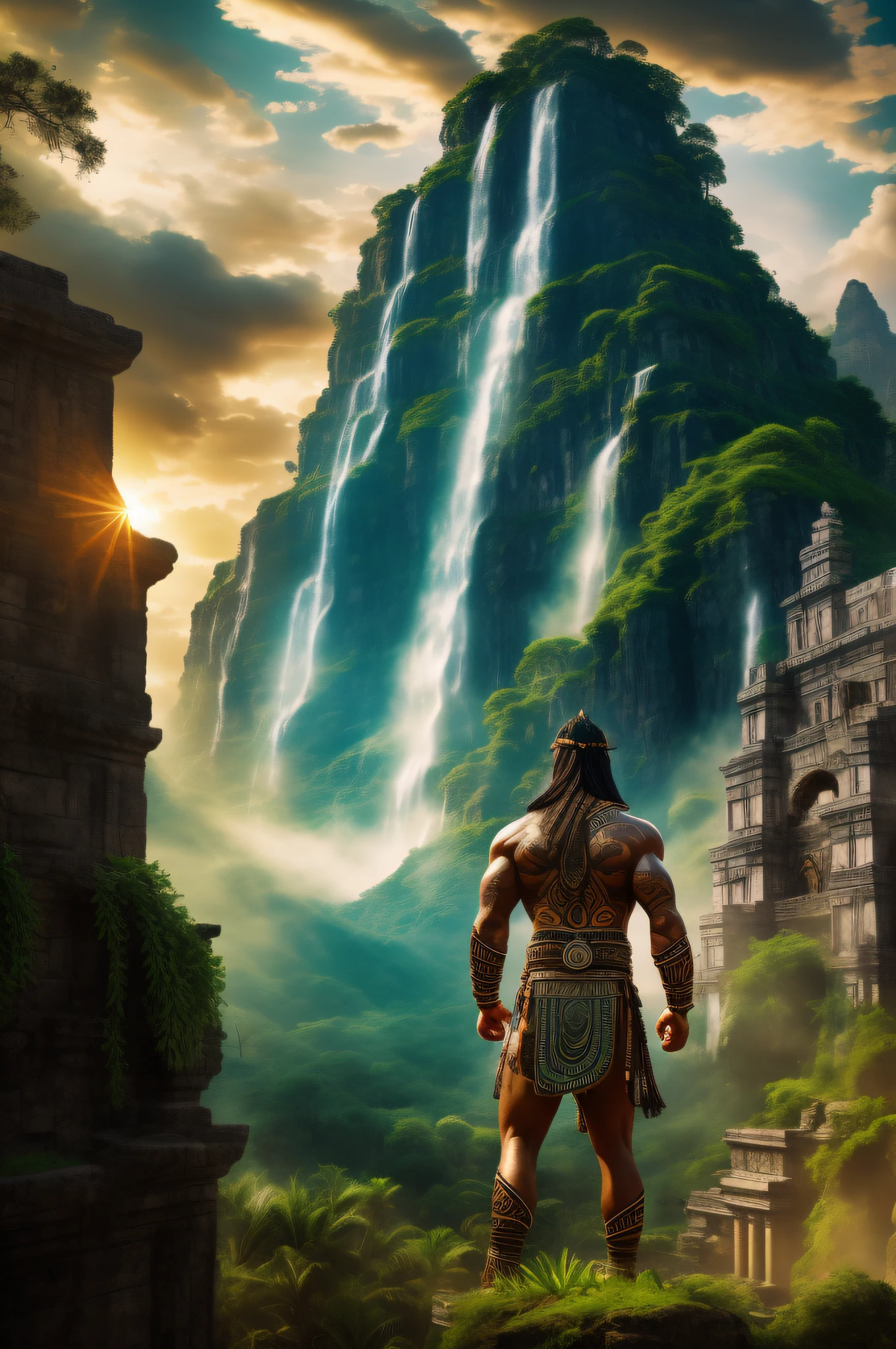 (best quality,highres),Mayan warrior,cityscape,tattooed,strong expression,powerful stance,ancient civilization,detailed features,dark-skinned,strong physique,ornate headdress,elaborate jewelry,traditional clothing,muscular,war paint,intense gaze,vibrant colors,dusty streets,bustling market,floating feather,stone buildings,sunlit architecture,endless sky,lost civilization,lush vegetation,distant mountains,ancient ruins,rich culture,sacred rituals,mythical creatures,ancestral spirits,mystical energy,magical aura,luminous glow,heroic pose,sacred temple,thriving civilization,grandeur and history,untamed wilderness,fearsome weaponry,fierce warrior