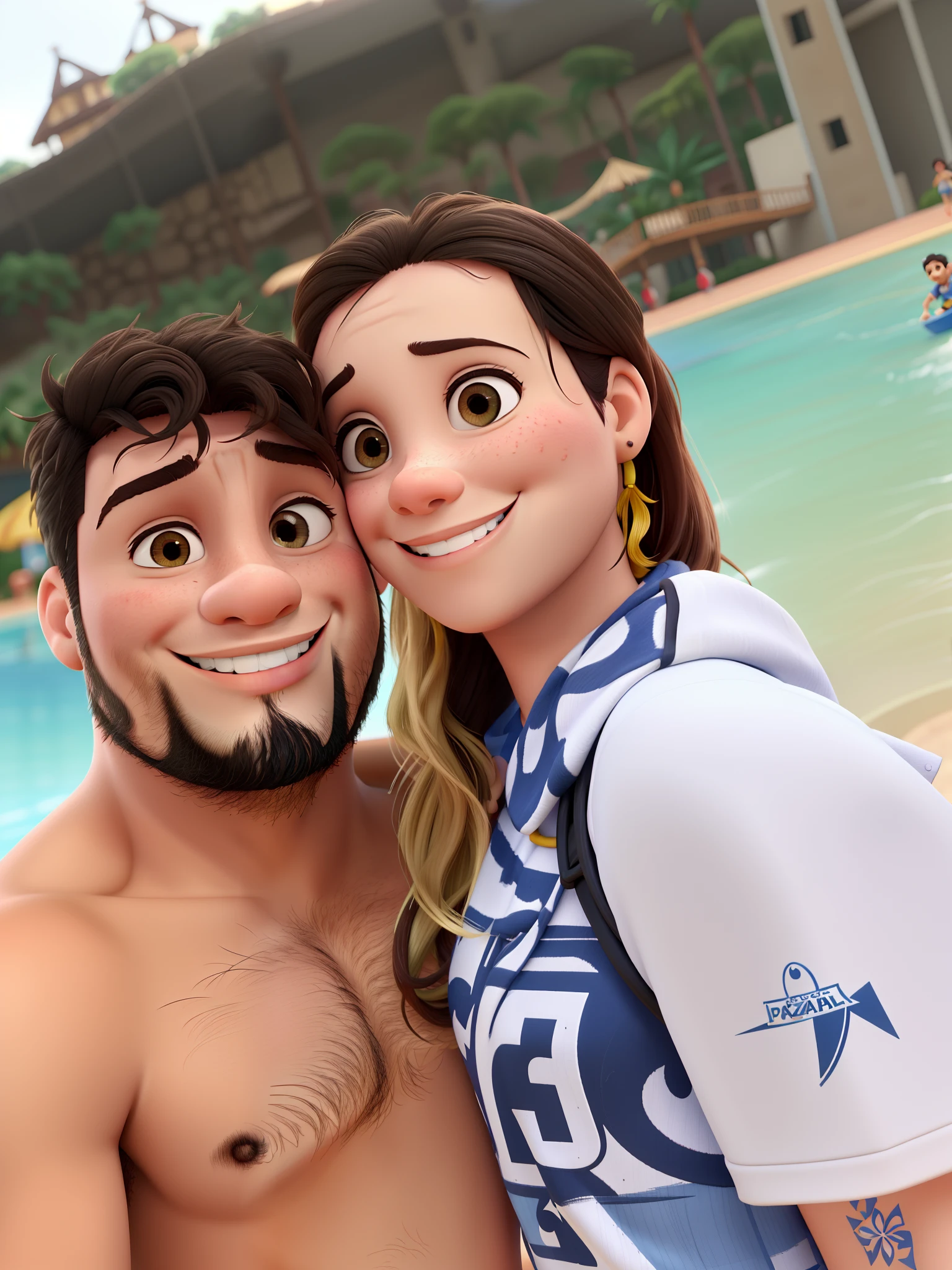 casal feliz, sorrindo, estilo disney pixar, alta qualidade, melhor qualidade, waterpark