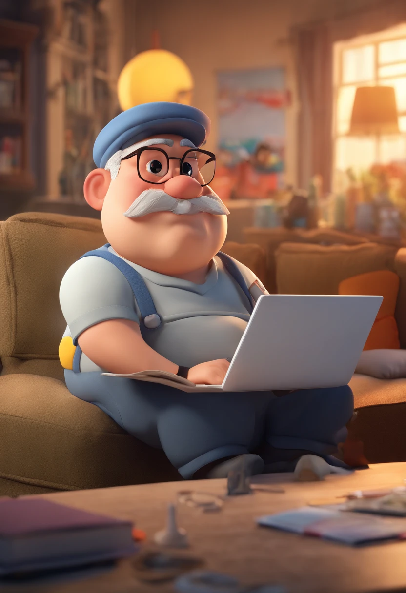 create a Disney style image of a fat man sitting, with a laptop on his lap, a white beret on his head and wearing a gray t-shirt, wearing glasses and a goatee