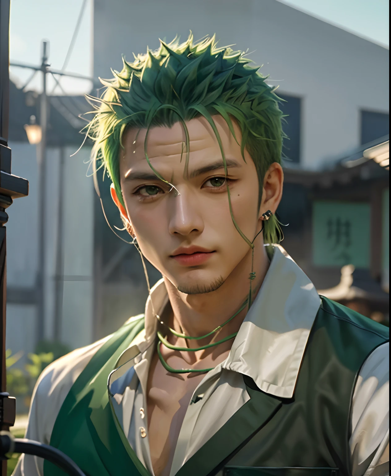 a close up of a person with green hair , roronoa zoro, from one piece, realistic, ultra details Best quality, masterpiece, ultra high res, (photorealistic:1.4), raw photo, young handsome male