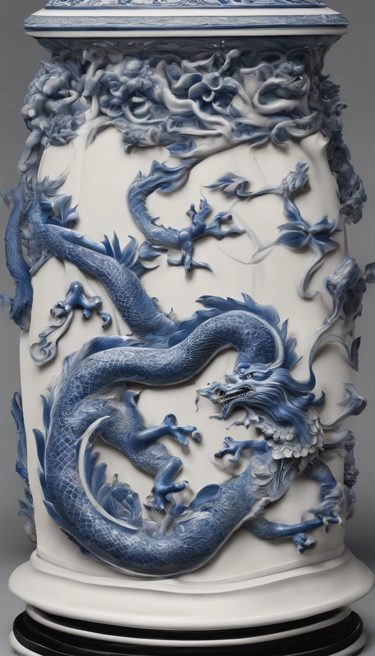 Fine ceramic vases, displaying Chinese ornaments; has engraving a dragon flying through the clouds, demonstrating strength and authority; fine details in its eyes, fine details in its claws, fine details in the sculpture of its body; masterpiece, exquisite image
