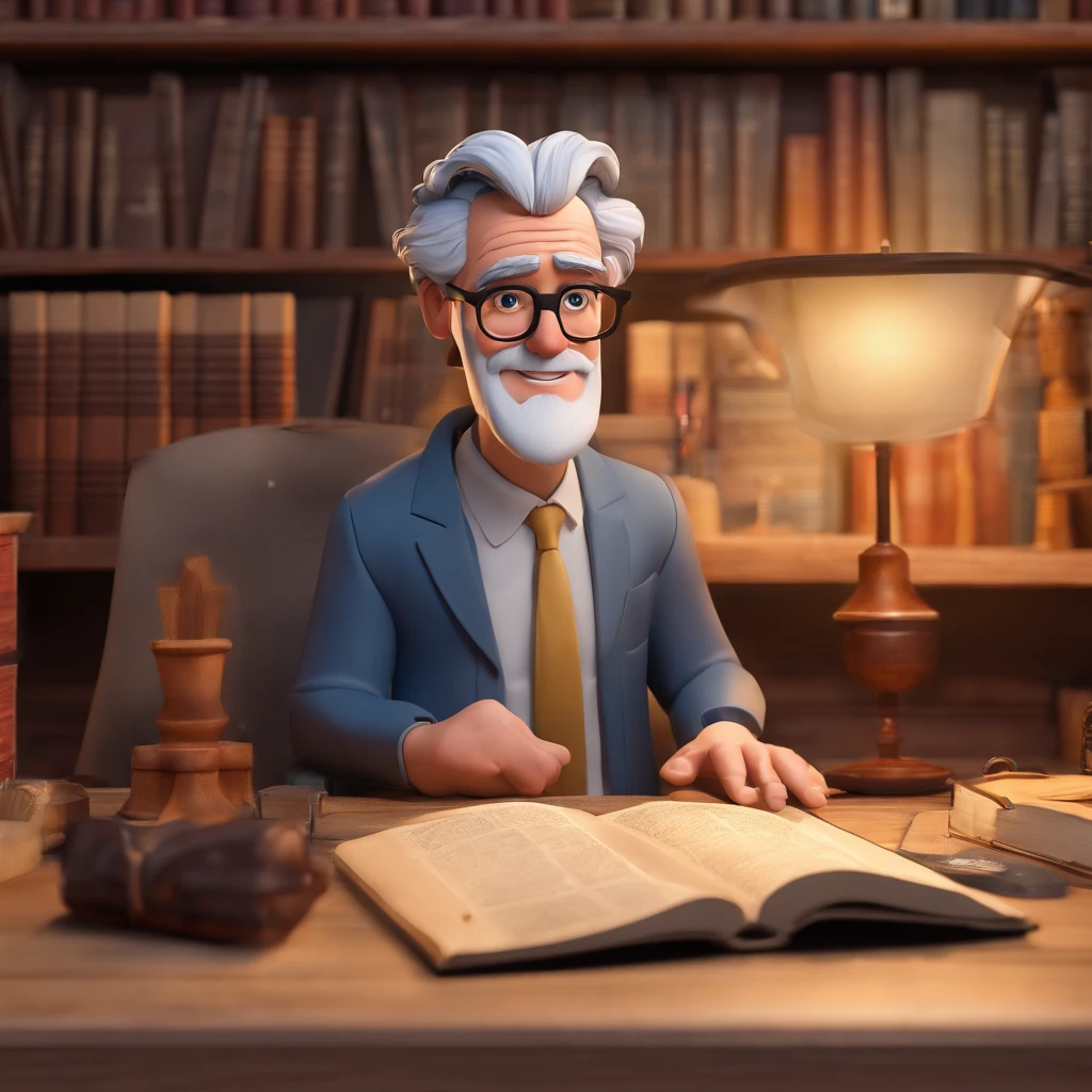 Crie um cartaz inspirado na Disney Pixar com o personagem sendo o pastor Rubens Janier, A gray-haired man wearing glasses, in an office with a Bible on the table