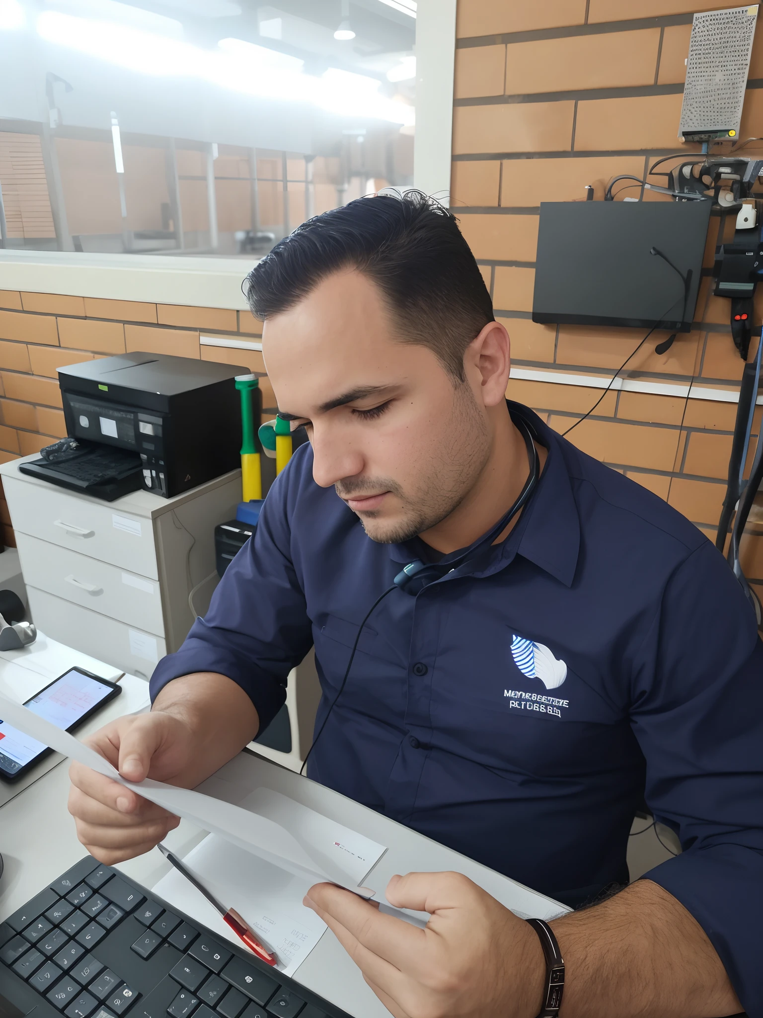 Man in blue shirt is looking at a piece of paper, Postagem no Reddit, Advanced technology, gui guimaraes, david rios ferreira, Henry Alvim Correa, ástor alexander, Pedro Tarka, Carregado, maintenance photo, Directed by: Luis Miranda, instagram post, cuidadosamente projetado, description, profissional, highly technical, illustration