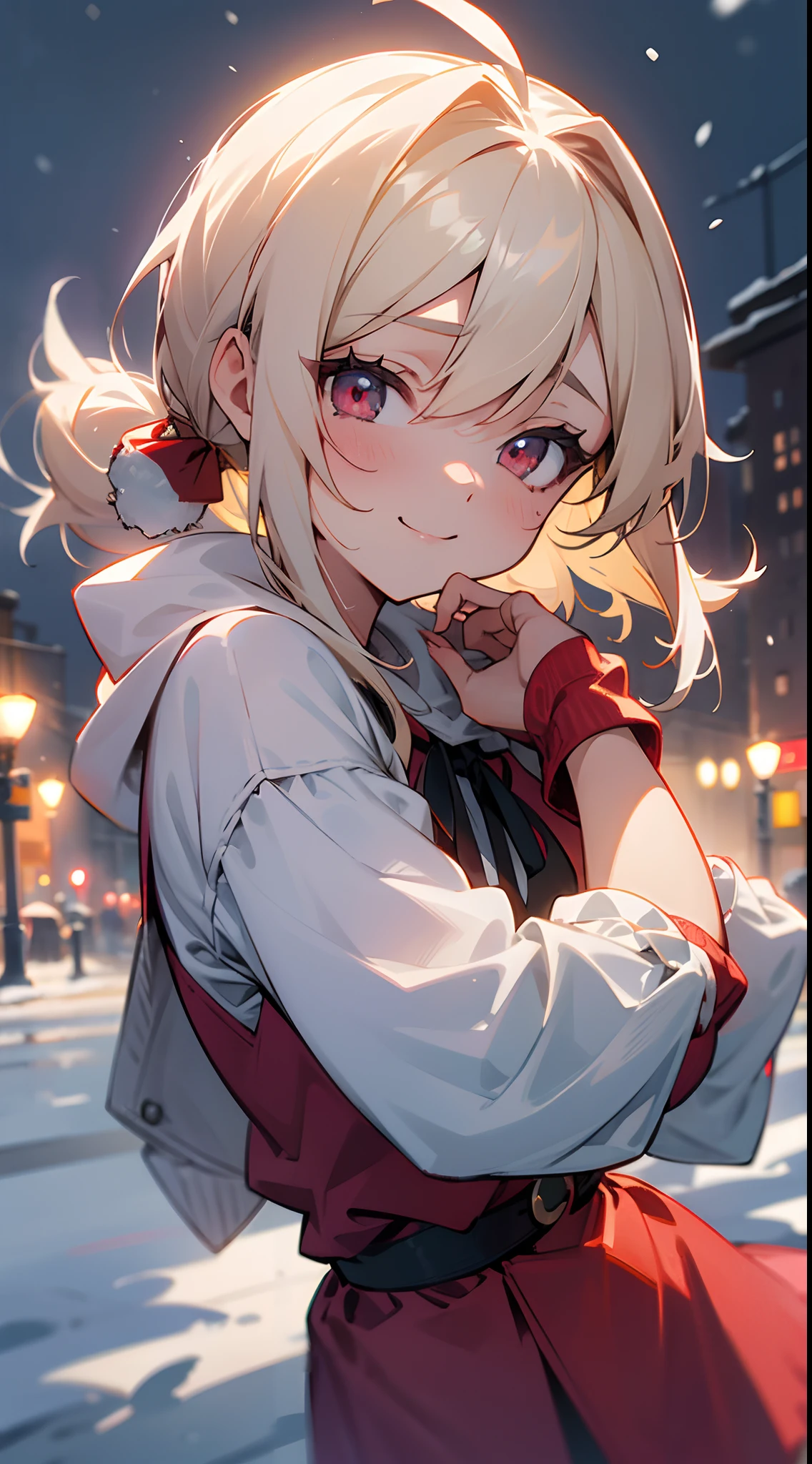 1girl in,a blond、Pony tail、Ahoge、Red Eyes、small tits,A smile、Laugh、Wearing a red hoodie,city,winter snow,Night,absurderes,hight resolution, ultrasharp, 8K, masutepiece, Looking at Viewer, Fantasy, Magical, Snow-covered rooftop, Frozen breath rises, Glowing streetlights, Ethereal Atmosphere, Dreams, quiet street, Distant city skyline, Fluffy and snowy, Intricate details of the girl's face and outfit, Delicate snowflakes on her eyelashes, mysterious expression, seductive beauty, a captivating gaze, Snowy trees々, Blurry lights in the background, Bright red contrasting with snow-white snow, captivating scene, Evoke a sense of wonder and magic.