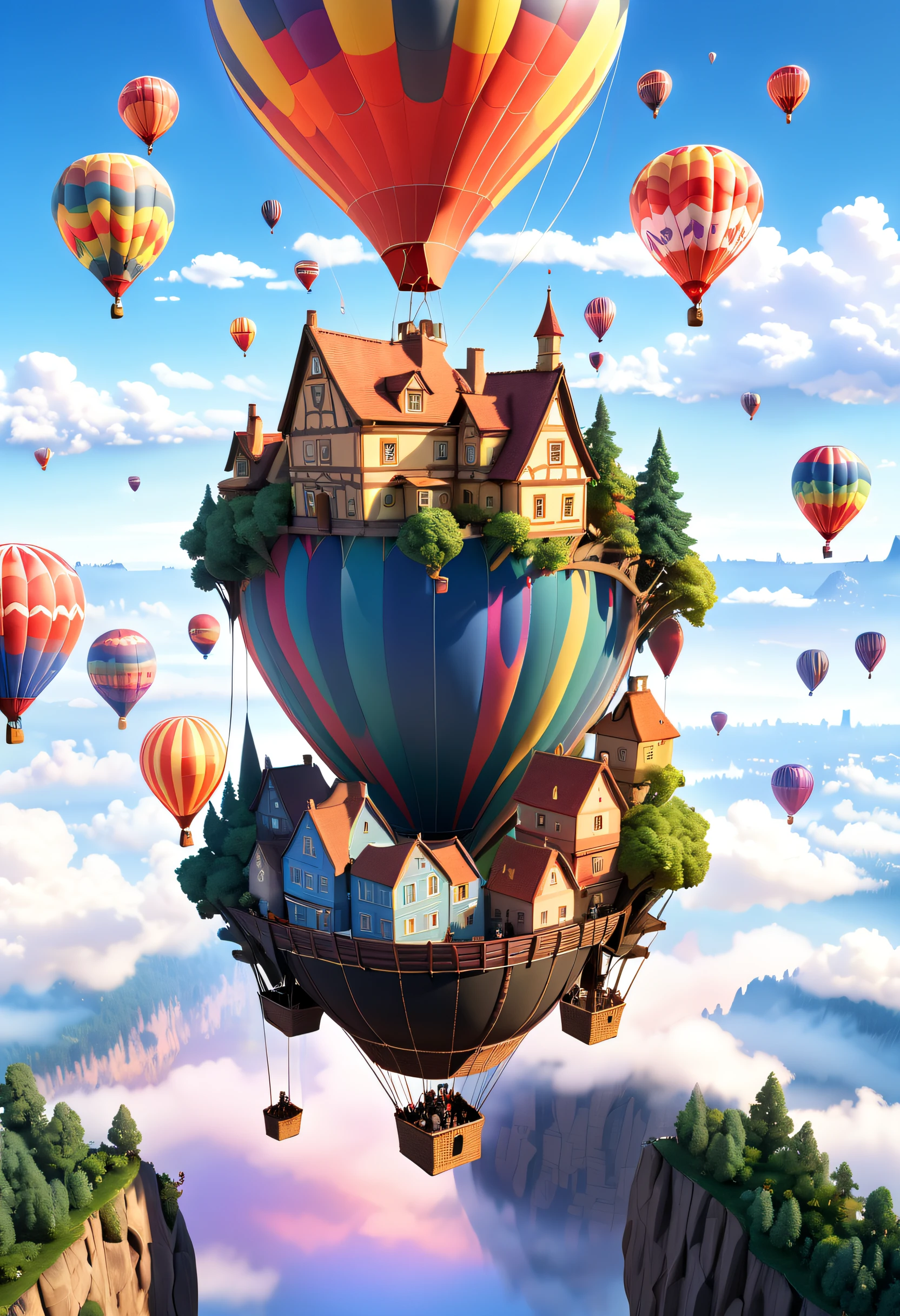 Imagine that，A fairytale forest town hovers above the clouds，Reflects the color of the sky。The town may have bridges and sidewalks that connect different buildings，(There is a huge, spectacular and incomparably showy hot air balloon and other floating objects floating in the sky: 1.5)。The painting can have a dreamy and serene atmosphere，Soft clouds and brightly colored RGB color palettes, (Ghibli-like colors, Cinematic lighting, first person perspective, angle of view, in a panoramic view, Ultra-wide angle, hyper HD, Anatomically correct, Masterpiece, ccurate, Award-Awarded, Best quality)