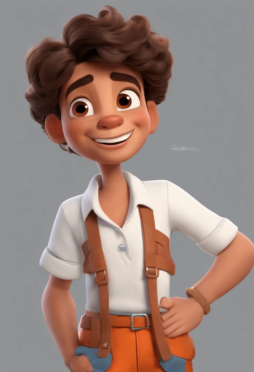 Personagem de desenho animado no estilo disney pixar, cabelo curto castanho claro, magro, branco, trabalhando no adminsitrativo de uma fabrica, de camiseta polo cinza com detalhes azuis e laranja, with a tone of satire