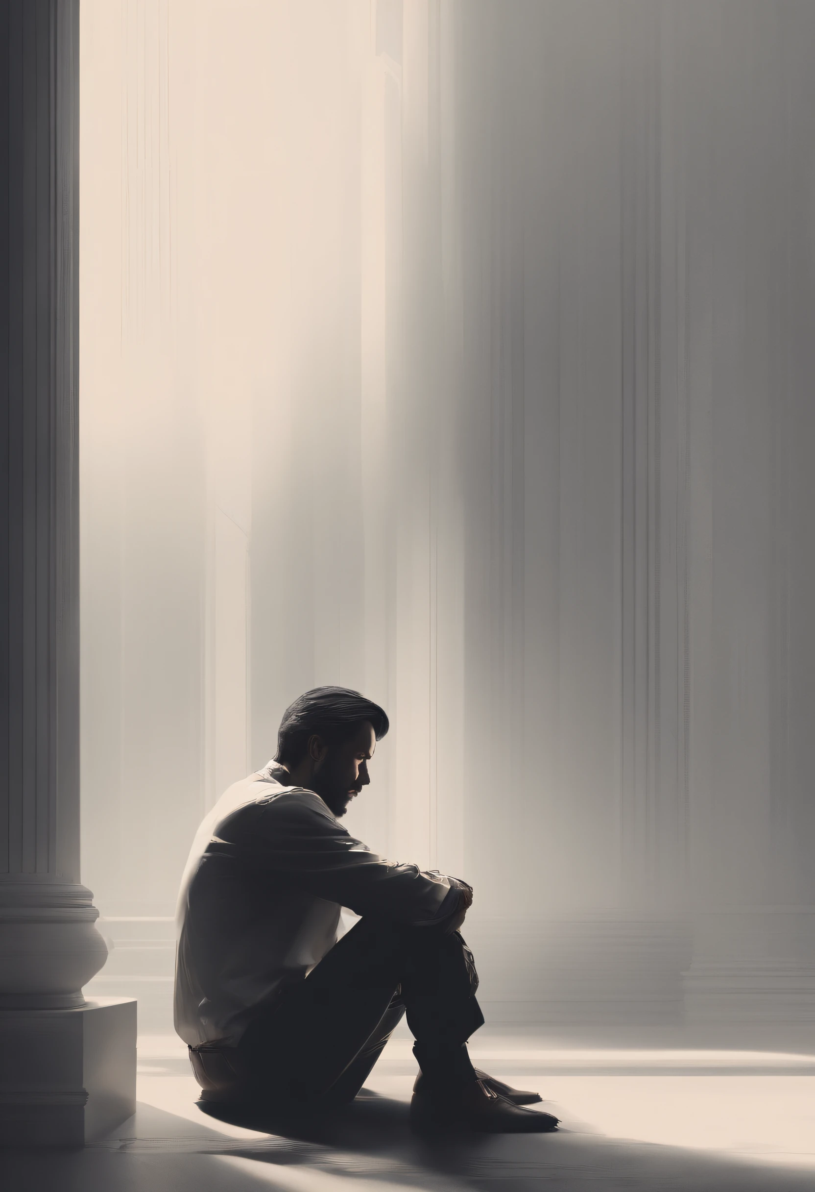 (best quality,4k,highres,masterpiece:1.2), ultra-detailed, realistic:1.37, a long and black-haired man with white clothes sitting in the corner of a blank room. melancholic look, detailed eyes, detailed lips, white clothes flowing, subtle shadows, atmospheric lighting, thought-provoking, introspective, moody ambiance, artistic photography, chiaroscuro effect, dramatic lighting, introspective mood, deep contemplation, minimalist setting, clean lines, blank walls, empty space, sense of solitude, calm and serene atmosphere.