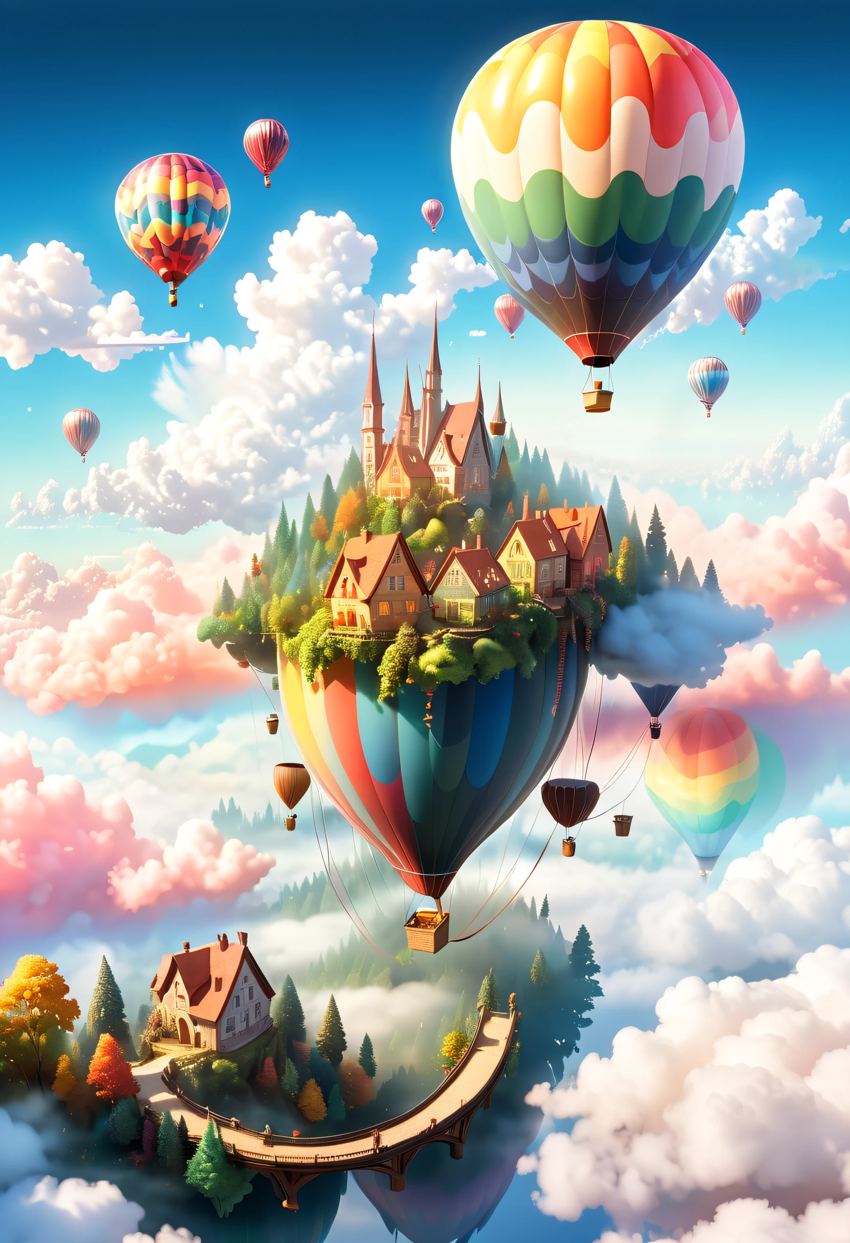 (Imagine a fairy tale forest town hovering above the clouds, reflecting the colors of the sky. The town may have bridges and walkways connecting different buildings, and in the sky floats a huge and magnificent hot-air balloon and other floating objects: 1.5) This painting can have a dreamlike and tranquil atmosphere, with soft clouds and a brightly colored RGB palette. (Studio Ghibli-like colors, cinematic lighting, first-person perspective, angle, panoramic, ultra-wide angle, ultra-high definition, anatomically correct, masterpiece-quality, curated, award-winning, best quality).