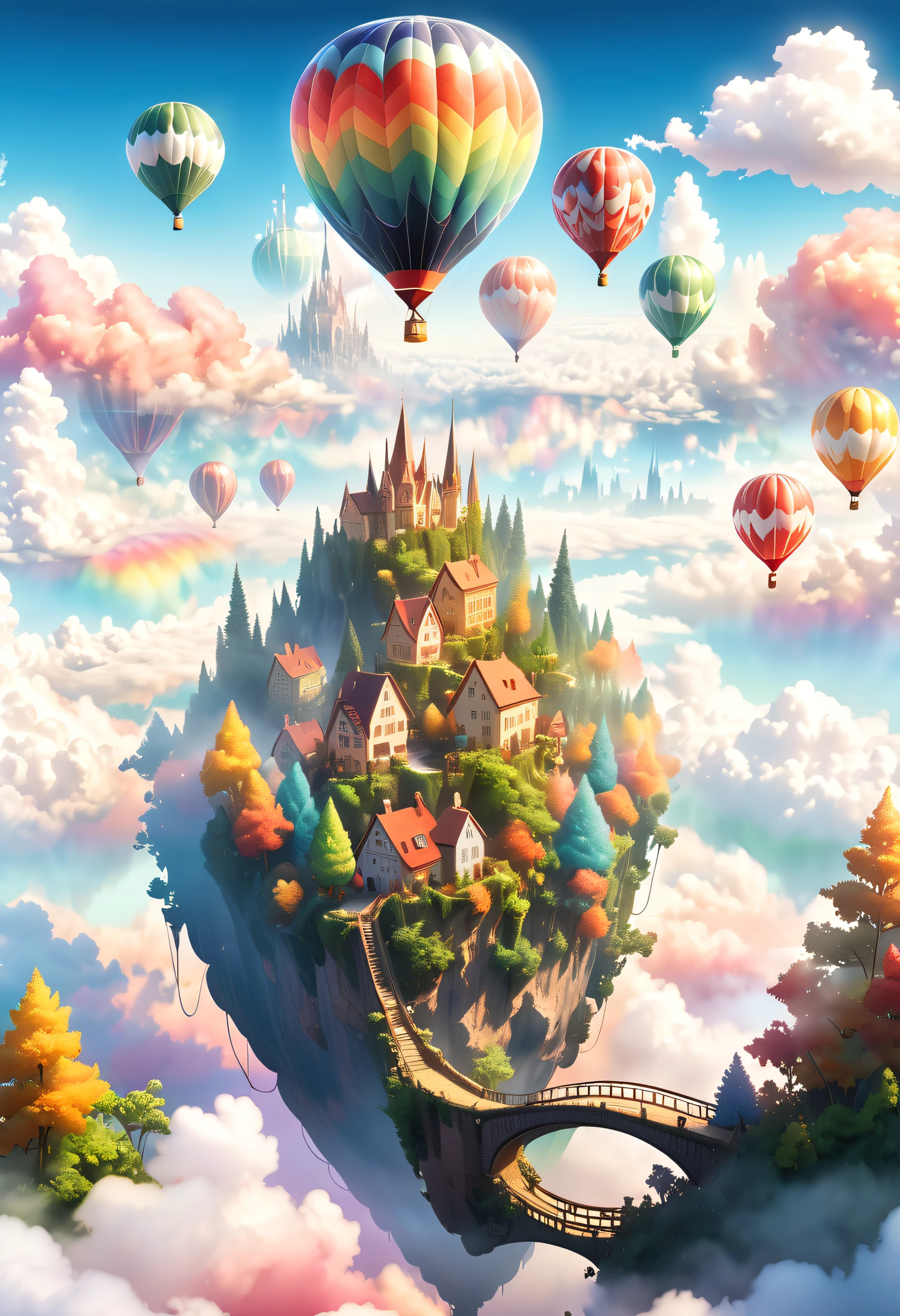 (Imagine a fairy tale forest town hovering above the clouds, reflecting the colors of the sky. The town may have bridges and walkways connecting different buildings, and in the sky floats a huge and magnificent hot-air balloon and other floating objects: 1.5) This painting can have a dreamlike and tranquil atmosphere, with soft clouds and a brightly colored RGB palette. (Studio Ghibli-like colors, cinematic lighting, first-person perspective, angle, panoramic, ultra-wide angle, ultra-high definition, anatomically correct, masterpiece-quality, curated, award-winning, best quality).