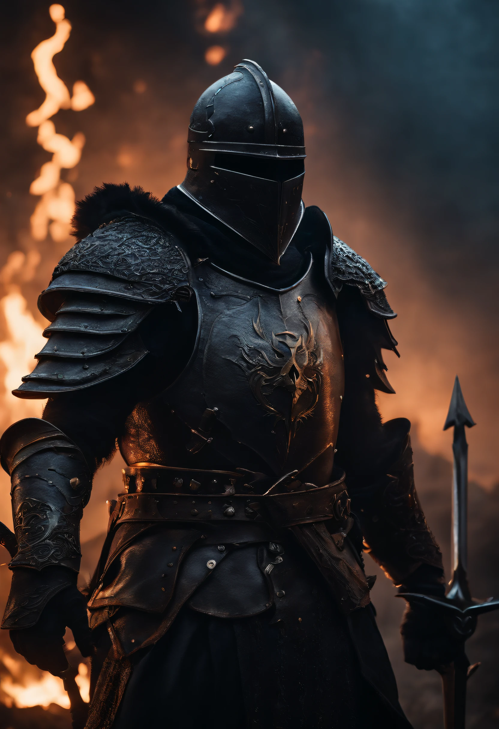 Black Knight, Strong males, Not fat, spiked armor, skull helmet, Large pauldrons, dark horror, Overlooking the battlefield, giant sword, Cinematic, Fine details, 8K, (dark shot:0.7), Subsurface scattering, (Ambient lighting:1.3), (art stations:1.3)
