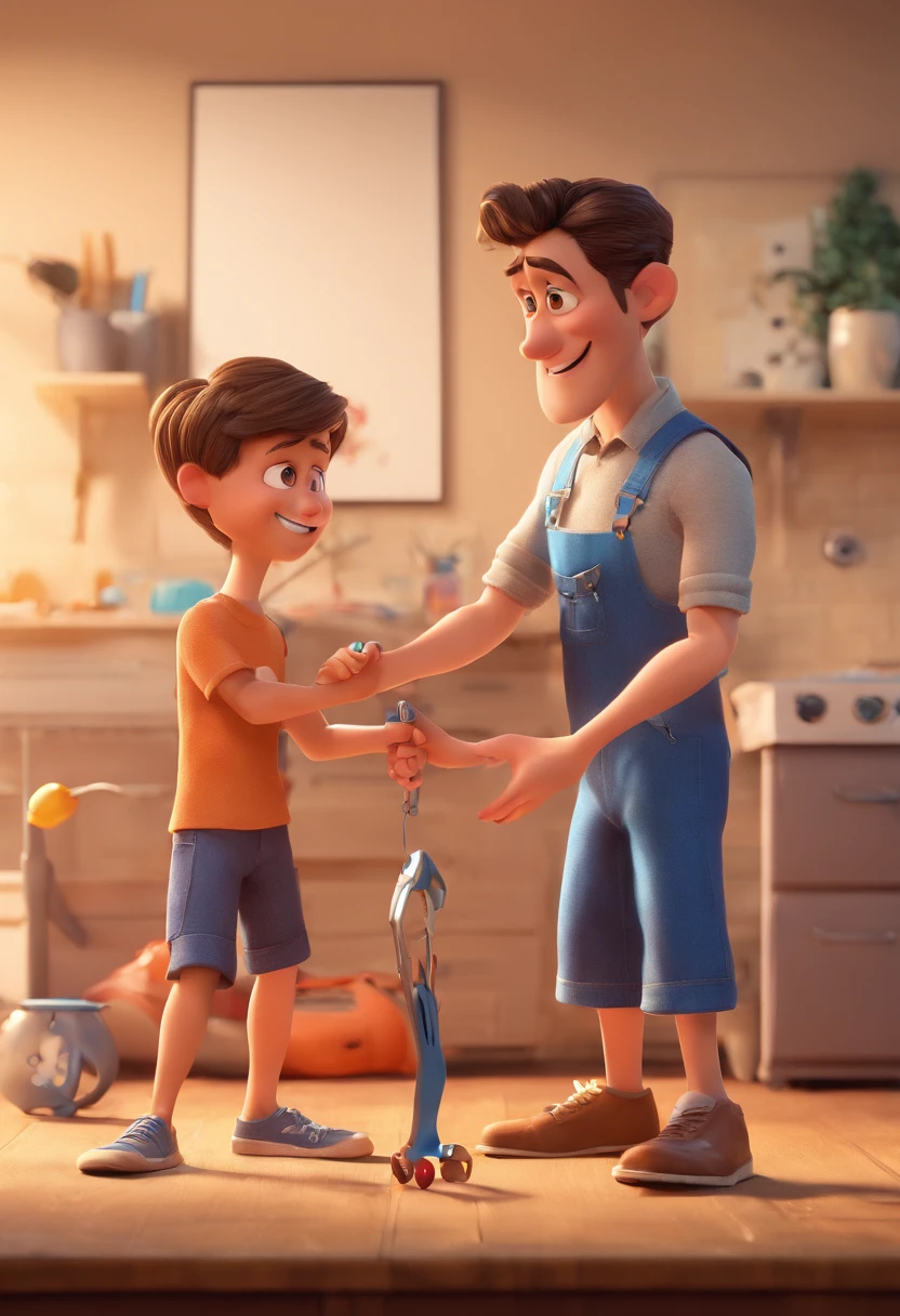 Estilo Pixar: The grown man is holding a naked blue-eyed boy and in his other hand he is holding a pair of scissors and is trying to cut off the boy's testicles,3D Poster,Disney
