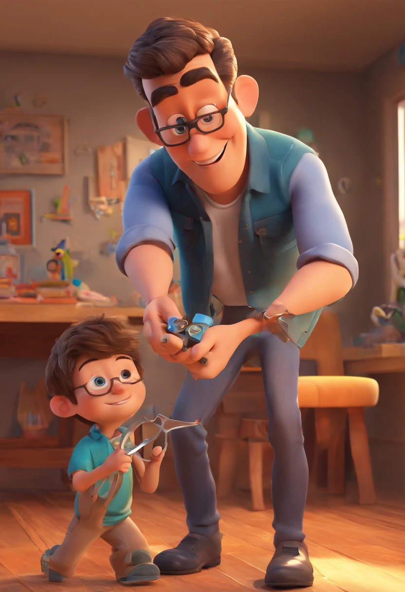 Estilo Pixar: The grown man is holding a naked blue-eyed boy and in his other hand he is holding a pair of scissors and is trying to cut off the boy's testicles,3D Poster,Disney