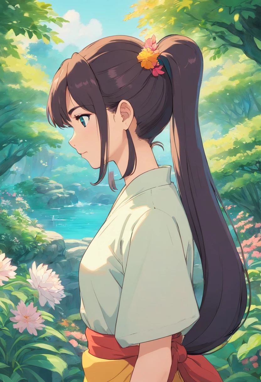 Long hair ponytail,Qingluan anthropomorphism,Girls in the style of a tranquil garden landscape, colorful animation stills, Masami Teraoka, aquamarine, Paul Gauguin, Amber style, Honest portrayal