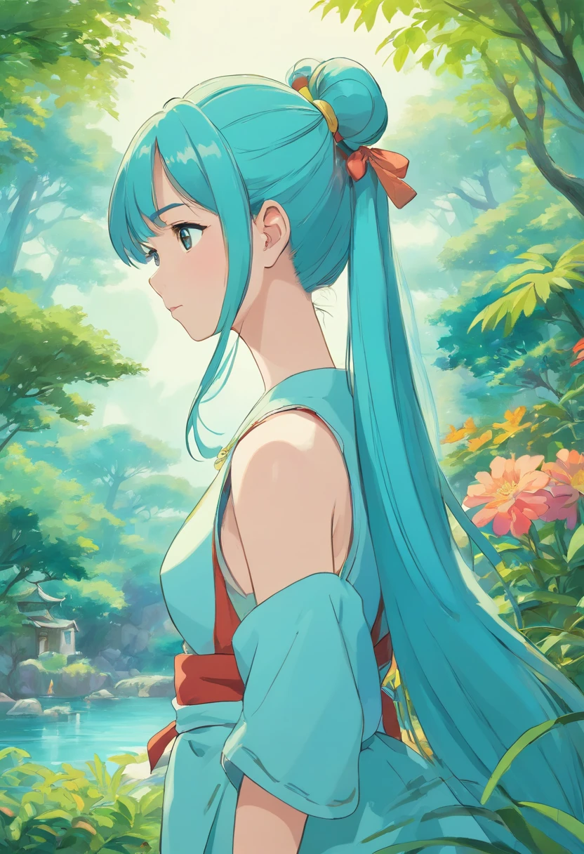 Long hair ponytail,Qingluan anthropomorphism,Girls in the style of a tranquil garden landscape, colorful animation stills, Masami Teraoka, aquamarine, Paul Gauguin, Amber style, Honest portrayal
