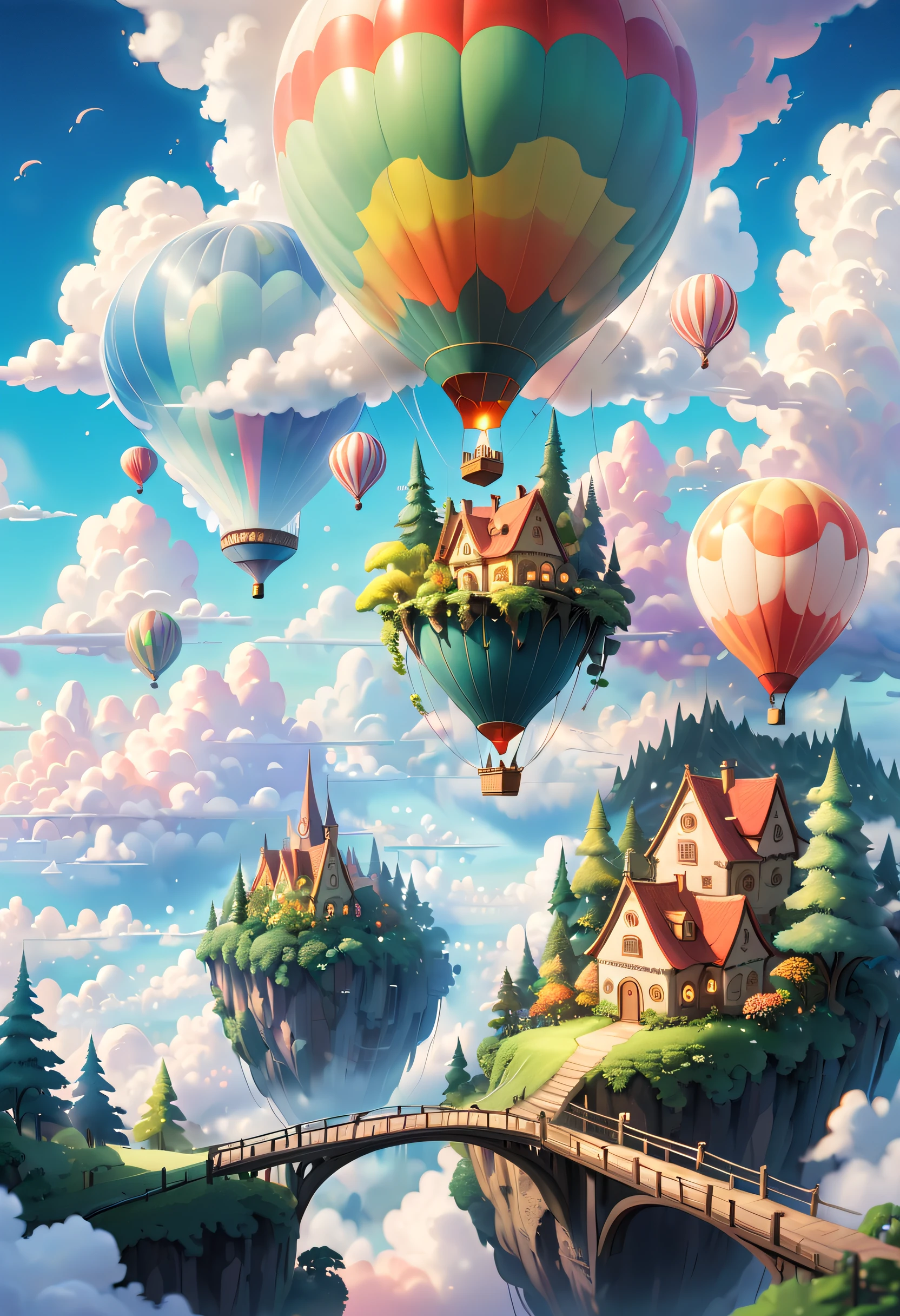 (Imagine a fairy tale forest town hovering above the clouds, reflecting the colors of the sky. The town may have bridges and walkways connecting different buildings, and in the sky floats a huge and magnificent hot-air balloon and other floating objects.) This painting can have a dreamlike and tranquil atmosphere, with soft clouds and a brightly colored RGB palette. (Studio Ghibli-like colors, cinematic lighting, first-person perspective, angle, panoramic, ultra-wide angle, ultra-high definition, anatomically correct, masterpiece-quality, curated, award-winning, best quality.)