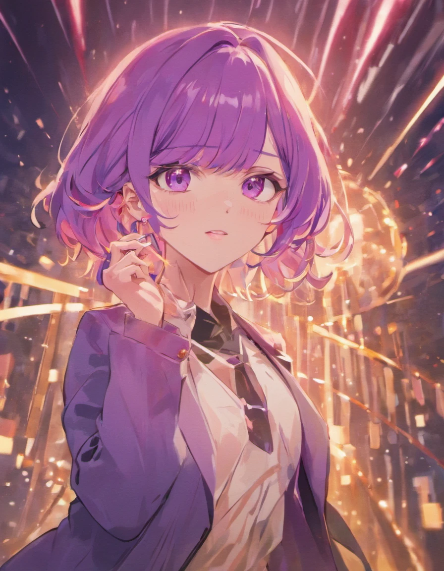 Purple medium hair、Golden Eyes、Tsuriformes、Mole under the left eye、de pele branca、tall、Smart figure、Glamorous breasts、blazers(student clothes)、cool expression、Emotionless facial expressions、Well-groomed appearance